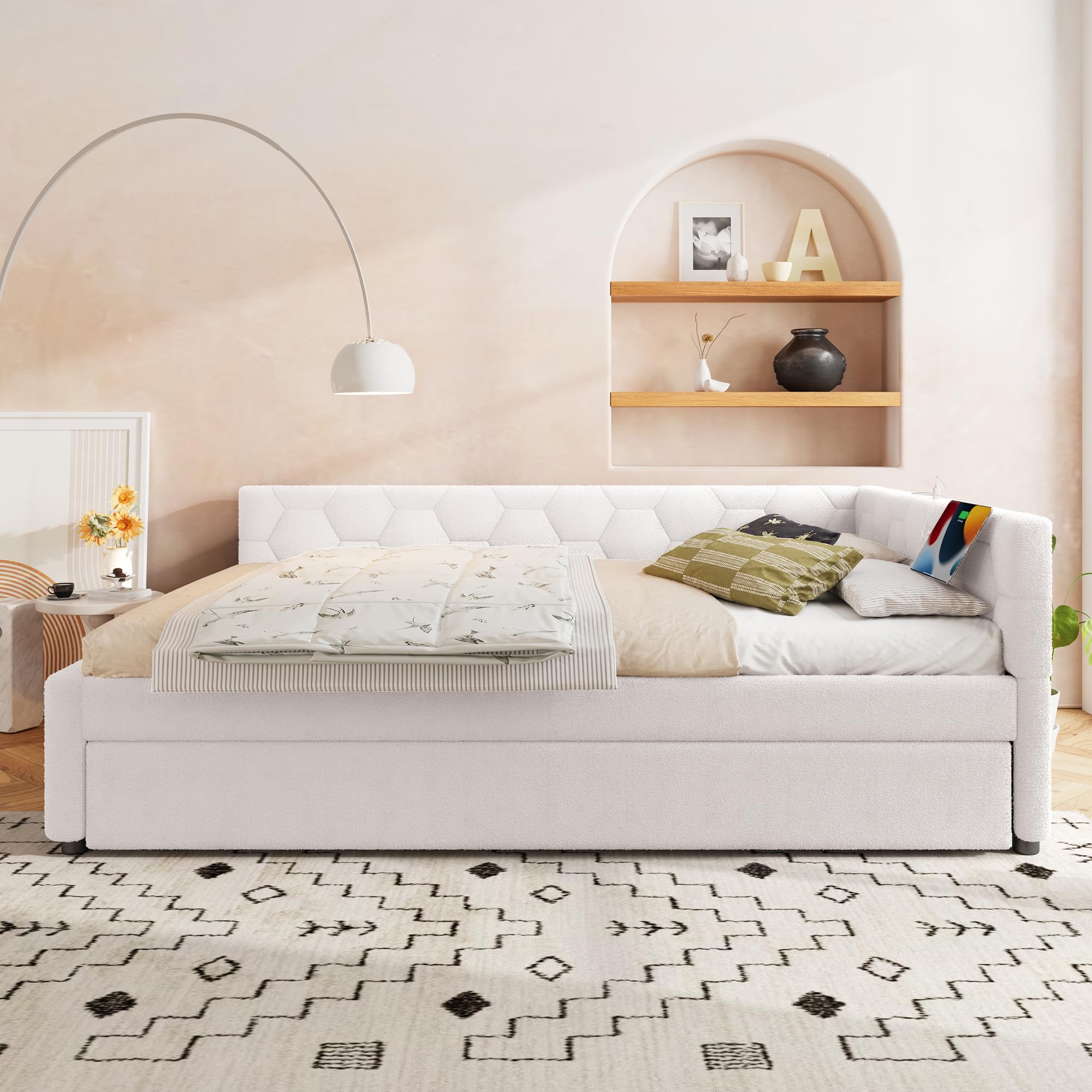 Letto Tessile 140x200cm con Sommier a doghe stabili e Struttura Letto Matrimoniale fissa divano letto estensibile secondo letto estraibile schienale geometrico vlies Bianco