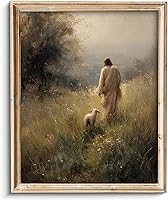 Vodefoad Vintage Jesus Good Shepherd Wall Art - Lost Sheep Parable Christian Canvas Print 8x10 Unframed Boho Landscape