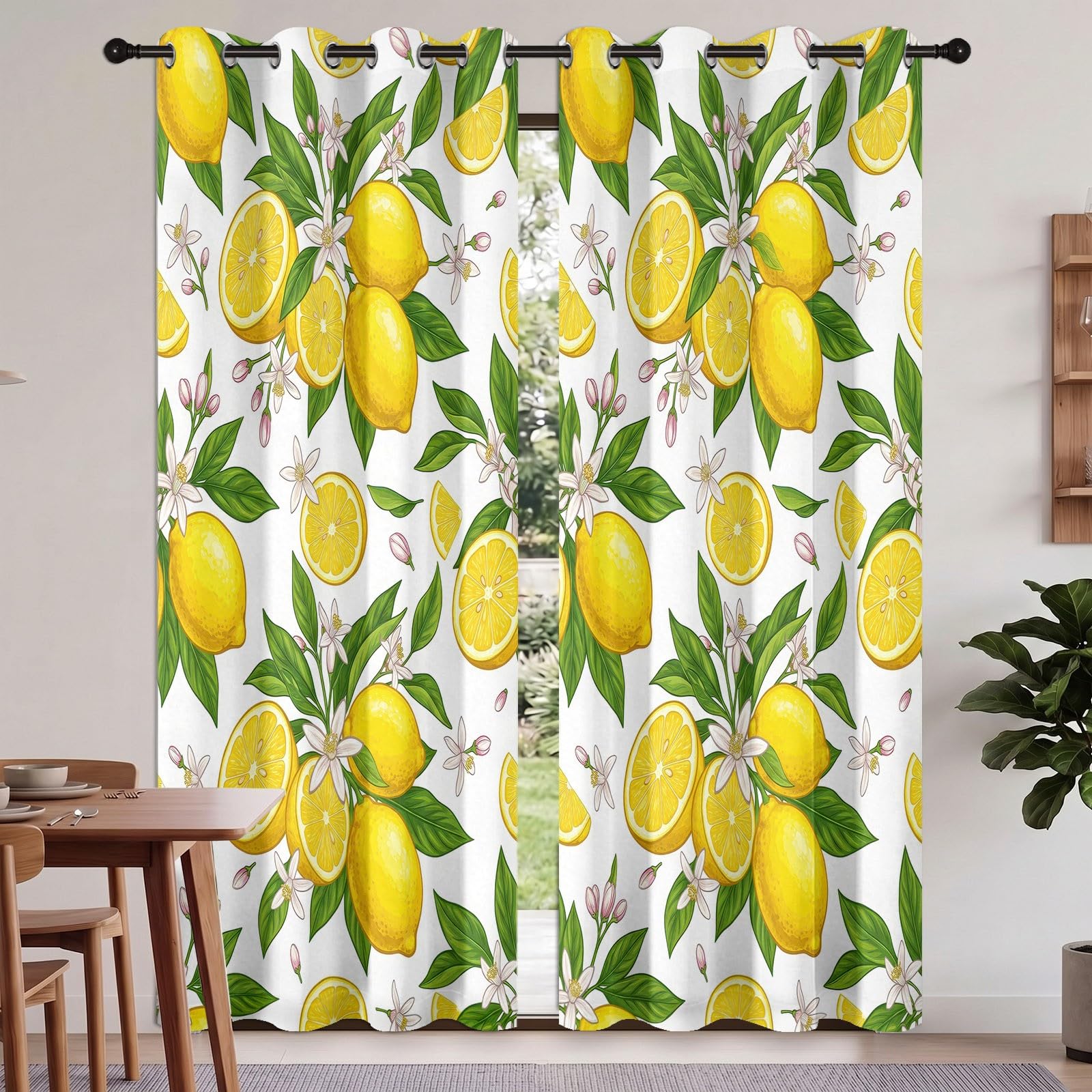 Generisch Verdunkelungsvorhänge mit Aquarell Früchte Zitrone Blumen Blätter Print, Cartoon Natur Vorhänge für Wohnzimmer Schlafzimmer, Schalldicht Wärmeisolierend Gelb Vorhang, H140 x B90 cm x 2