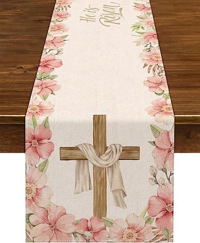 Nepnuser Camino de mesa He is Risen de 72 pulgadas resurrección de Jesús decoración de primavera y Pascua cruz cristiana decoración para el hogar