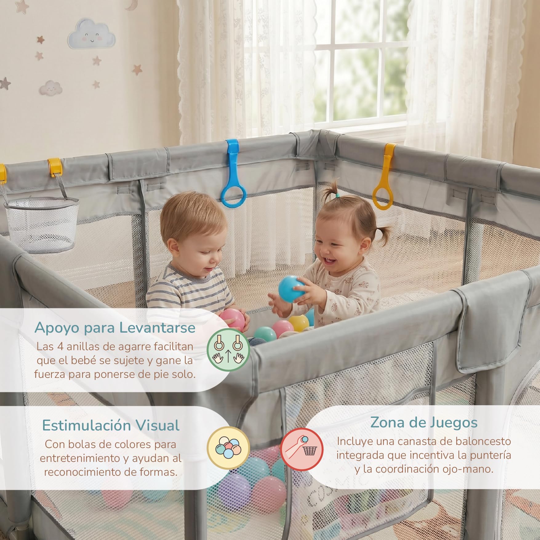 Buddy Baby Park- Parque Infantil Bebe 120x120cm + Alfombra + Agarraderas + Canasta + Bolas – Corralito Bebe con Malla Transpirable – Parque de Juegos Bebe Plegable con Puerta Lateral (Gris)