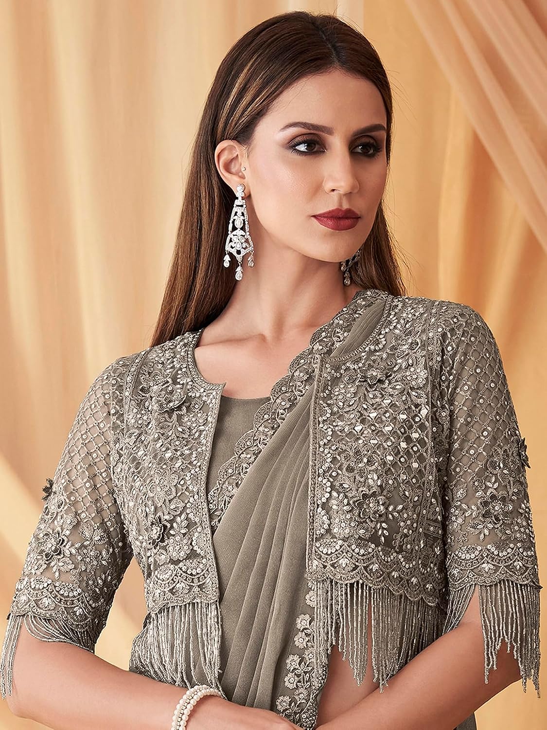 TRENDMALLS Women's Satin Embroidery With Sequence Work Saree with Unstitched Shrug and Blouse (K1165-Grey)