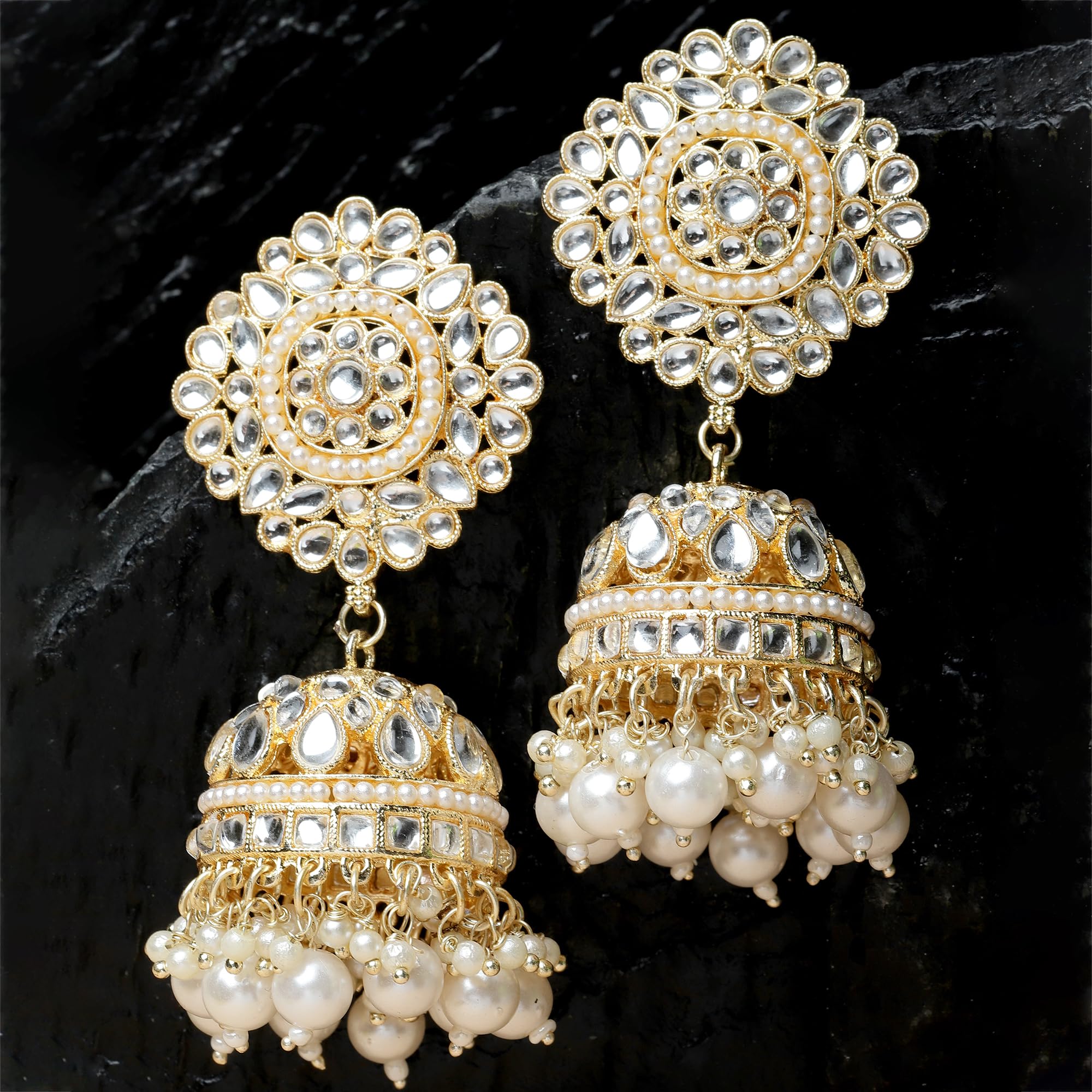 Gold-Plated Kundan Flower Shaped Jhumka Earrings