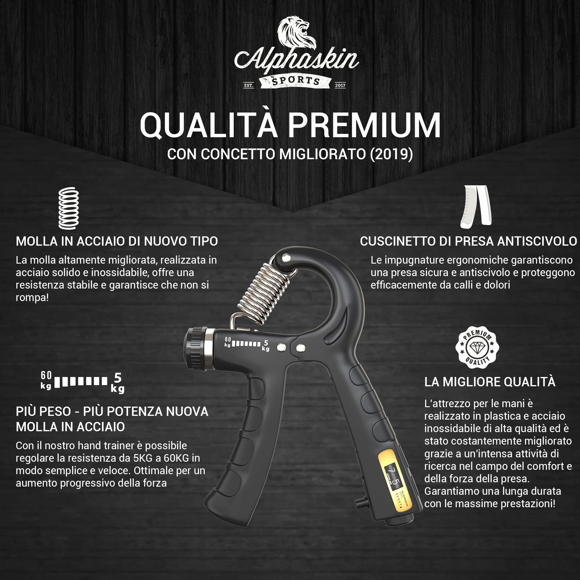 ALPHASKIN© Allenatore della Mano | Hand Grip | Allenatore della Forza della Presa | Set da 2 o Set da 5 | Attrezzi Palestra | Attrezzi Palestra casa