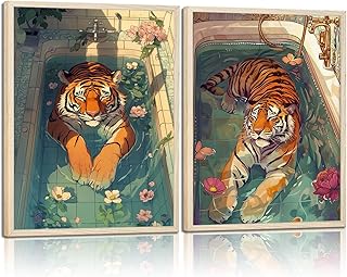 2ps Framed Tiger in Bathtub Wall Art Print Pink Kitsch Canvas Aesthetic Funny Bathroom Animal Paintings Pictures Wall Decor Fashionable Tiger Poster Modern Gallery Decor Ready to Hang