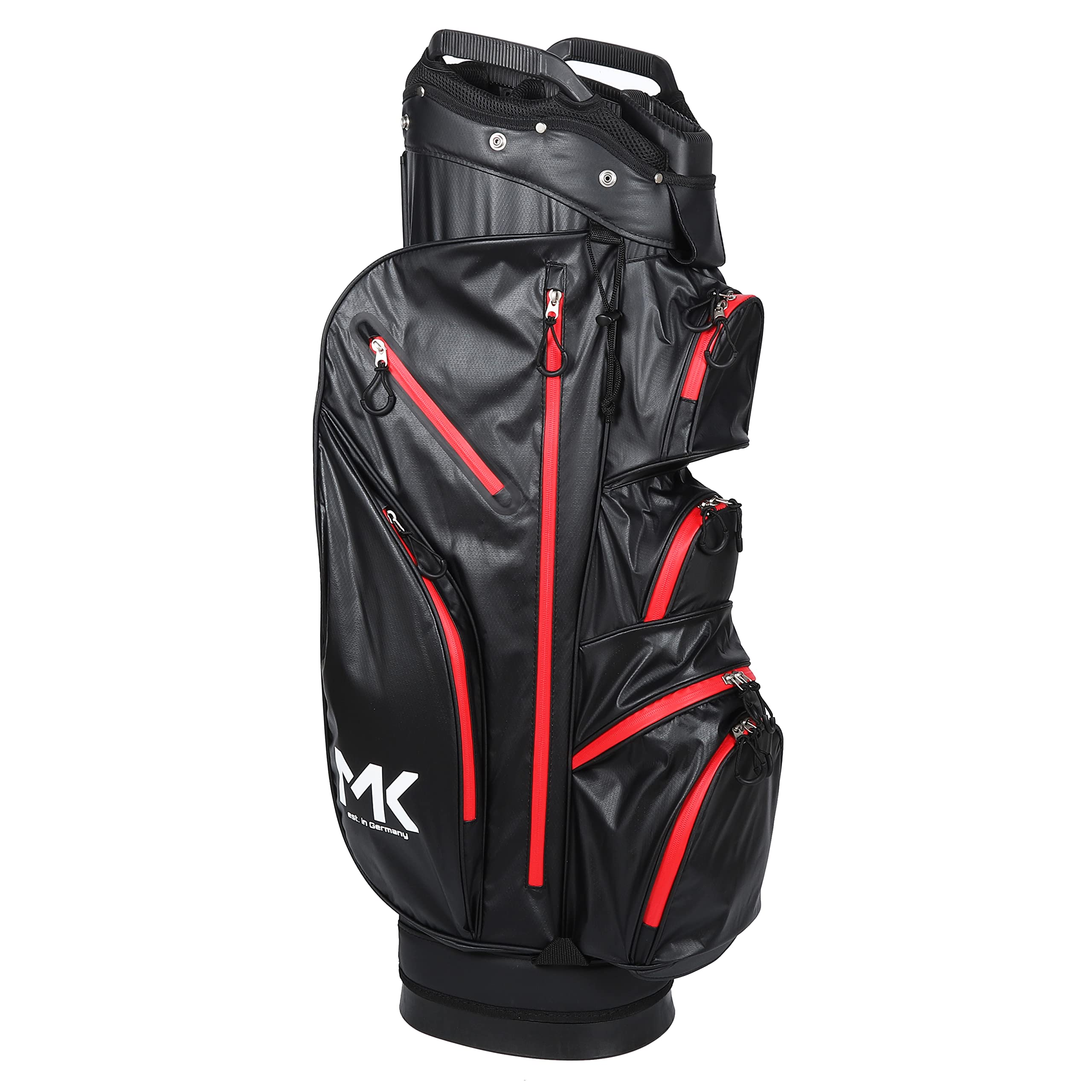 MK GolfBag Tour Pro Trolleybag 14 Fächer Getränkekühlfach Golftasche Rot wasserdicht Bag Golf und 12 Golfbälle gratis Paket