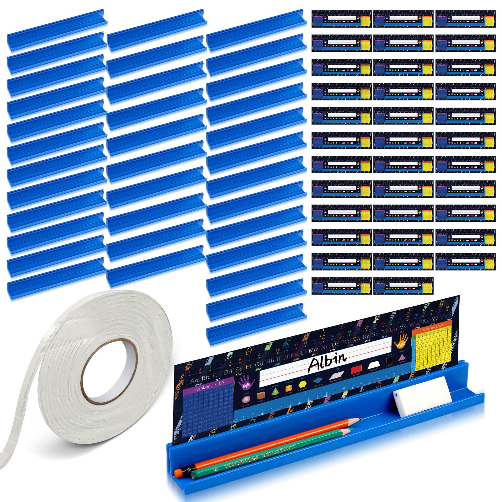 PerKoop 35 Pcs Classroom Desk Name Plates Holder Set Index Cards Storage Classroom Name Tags Kids Desk Accessories Desktop Helper Prop and Park Station Tray Organizer Water