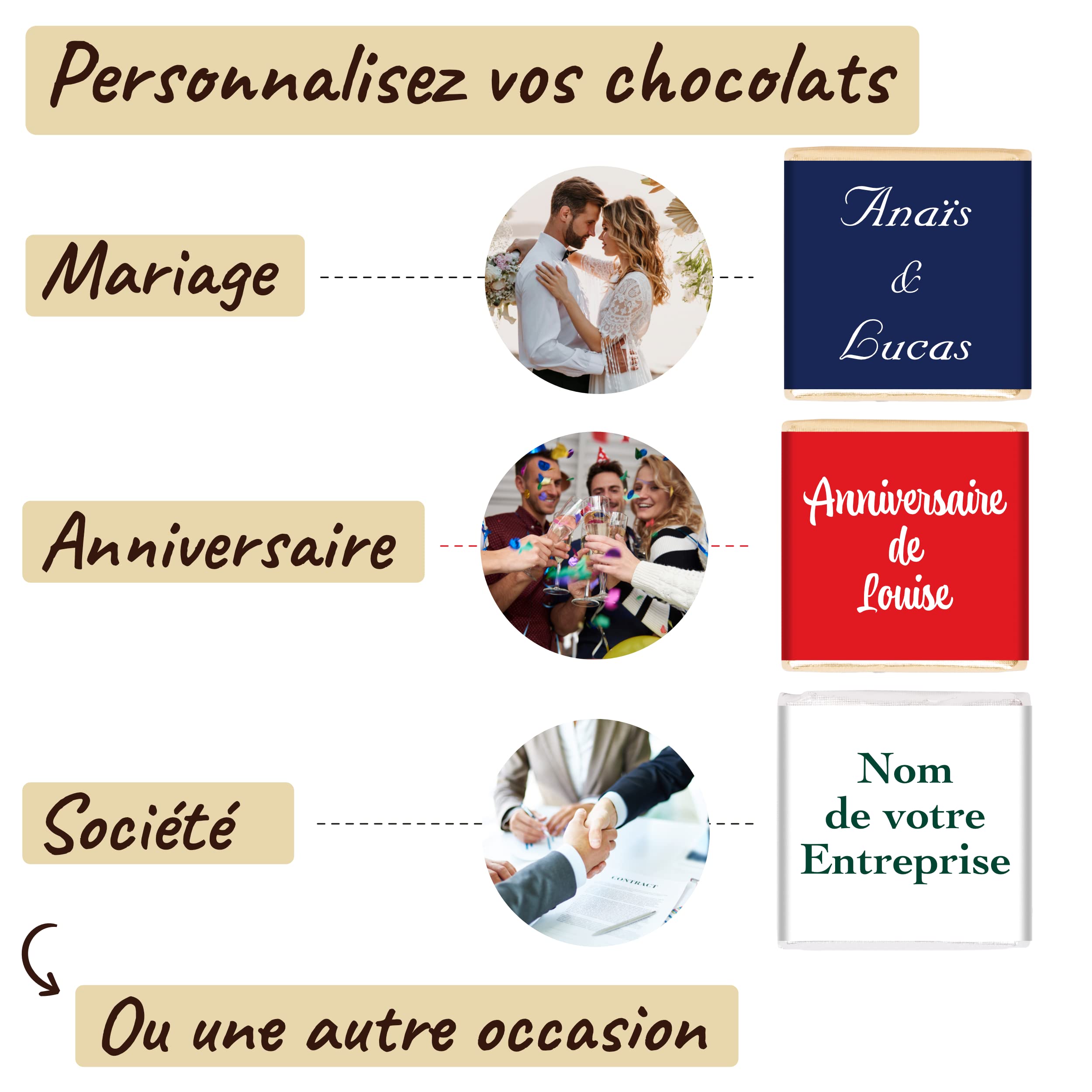 Coffret de 70 Carrés de Chocolat Personnalisés avec Textes et Couleurs | Personnalisez votre Texte et vos Couleurs, 7 Saveurs au Choix, 100% Pur Beurre de Cacao, Fabriqué en France, 350 Gr