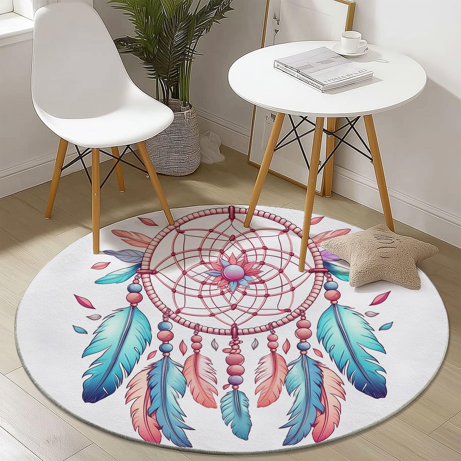Rosa Cyan Rund Teppich Wohnzimmer, Aquarell Traumfänger Federn, 120 cm Großer Weich Kurzflor Teppich Waschbarer rutschfest Teppiche für Esszimmer Küchen Schlafzimmer Studie Heimbüro