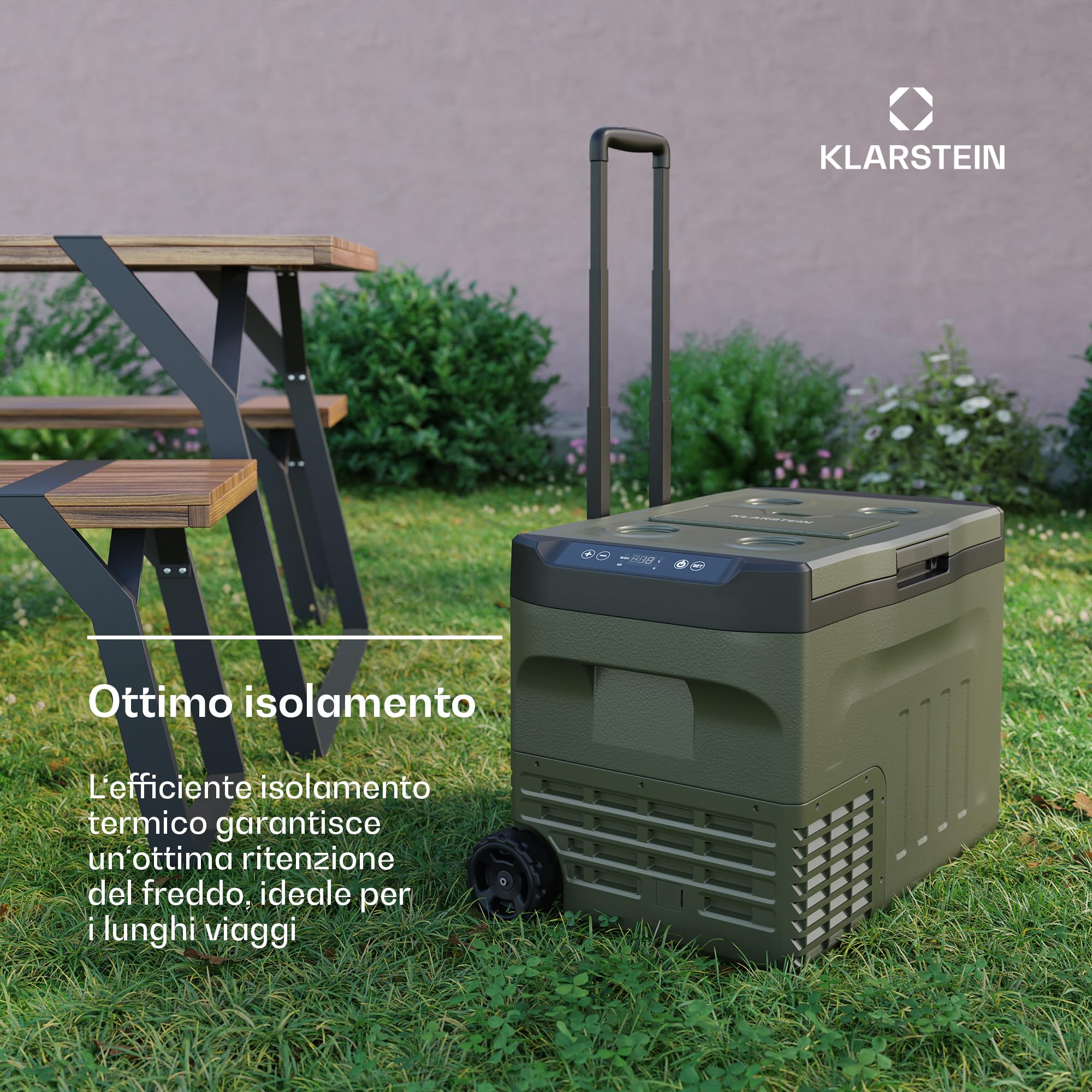 Klarstein PolarForce 30L - Frigo Elettrico Portatile con Compressore, Pannello LCD, da -20°C a 20°C, Modalità ECO, Ruote Fuoristrada, Impugnature Doppie, Verde, per Campeggio & Viaggi, Freezer