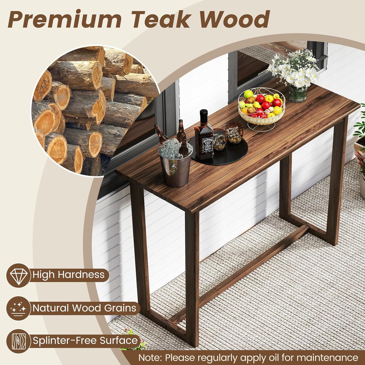 Tangkula 59 Inch Outdoor Bar Table, Teak Wood Rectangle Patio Bar Height Pub Table with Slatted Top, for Balcony, Garden and Poolside