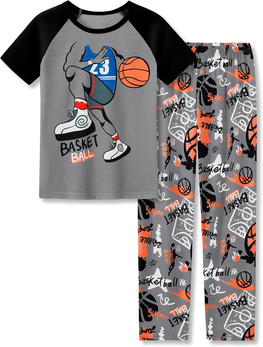 Pijamas Beezizac para niño, pijamas y pantalones de manga corta de color verde azulado y azul marino, talla 6-18 | Jammies raglán de 2 piezas, cuello redondo, colores en contraste, cintura elástica, estampado gamer o deportivo, mezcla de poliéster, niños pequeños y grandes