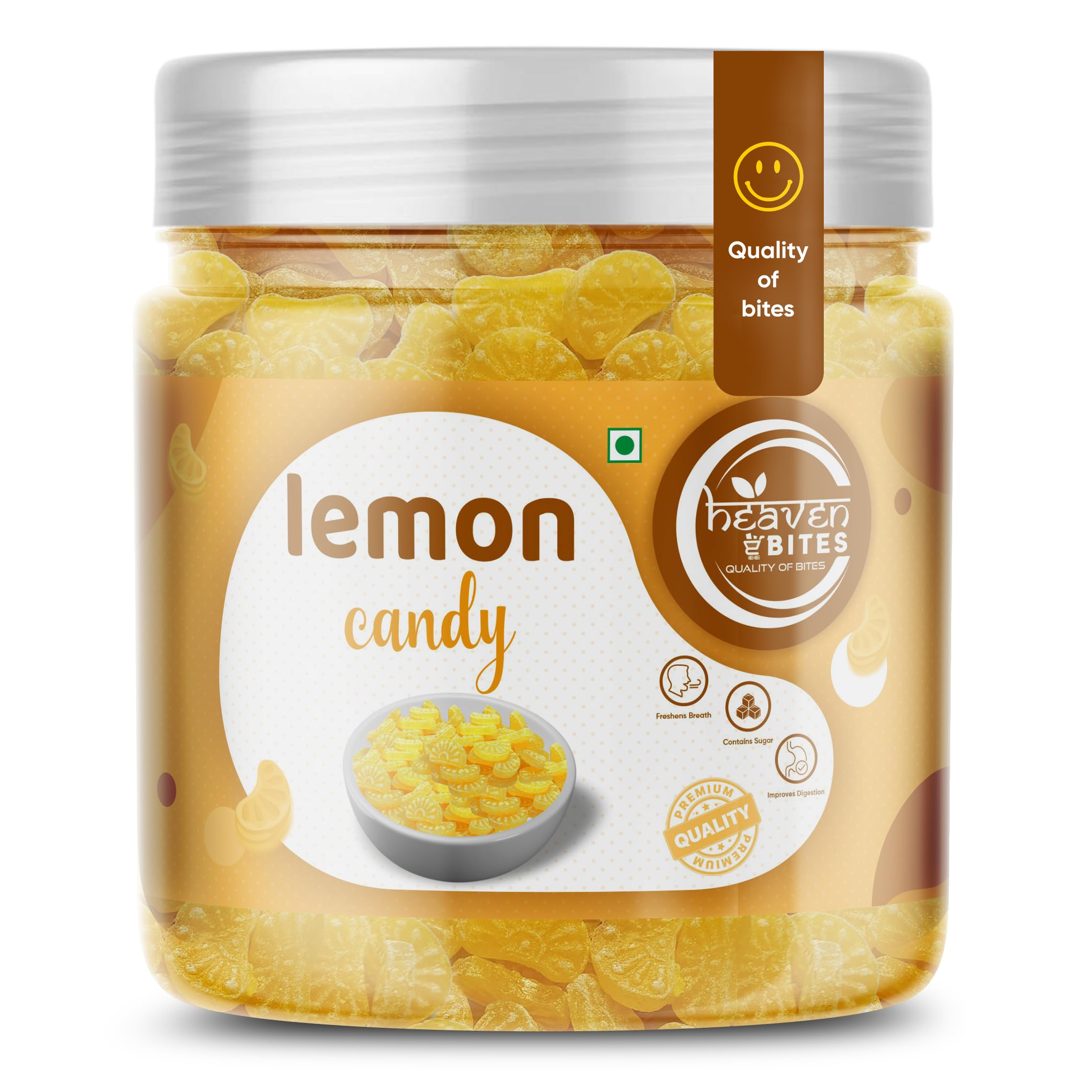 Heaven Bites Premium Lemon Candy, 200 GM Jar Pack | Lemon Flavour Candy (Jar Pack) / Sweet Hard Candy/Nimbu Goli