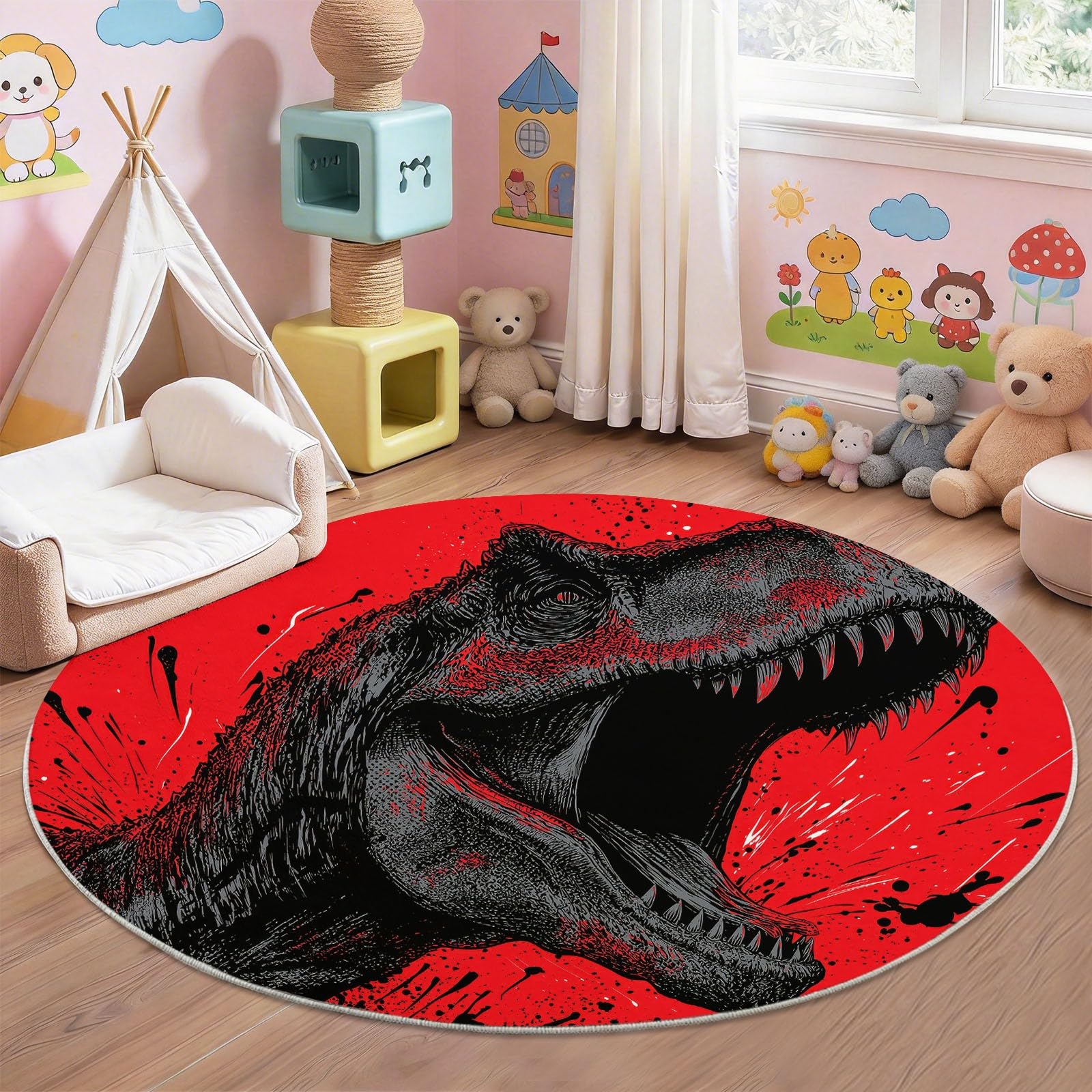 Générique Zmywalny okrągły dywan - efekt 3D dinozaur anime, antypoślizgowy, nowoczesny dywan do salonu, sypialni, kuchni dziecięcej, wielokolorowy