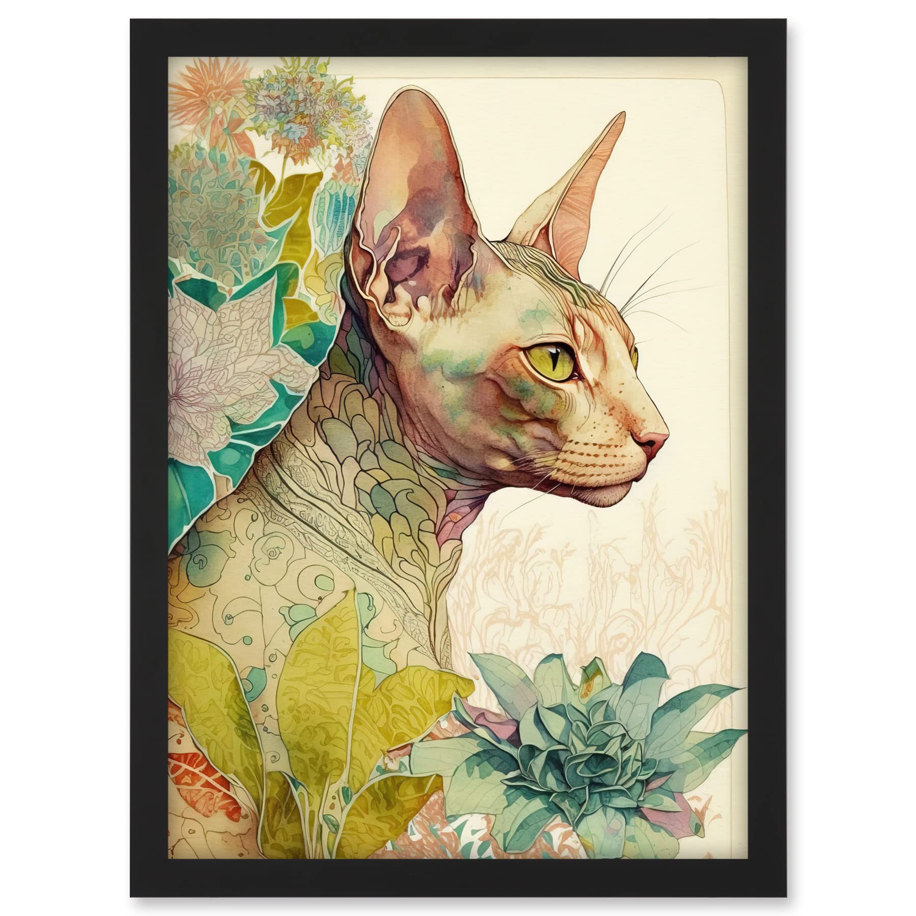 Artery8 Sphynx Cat with Floral Tattoo in Flower Blooms Colourful Modern Watercolour Illustration Artwork Framed A3 Wall Art Print