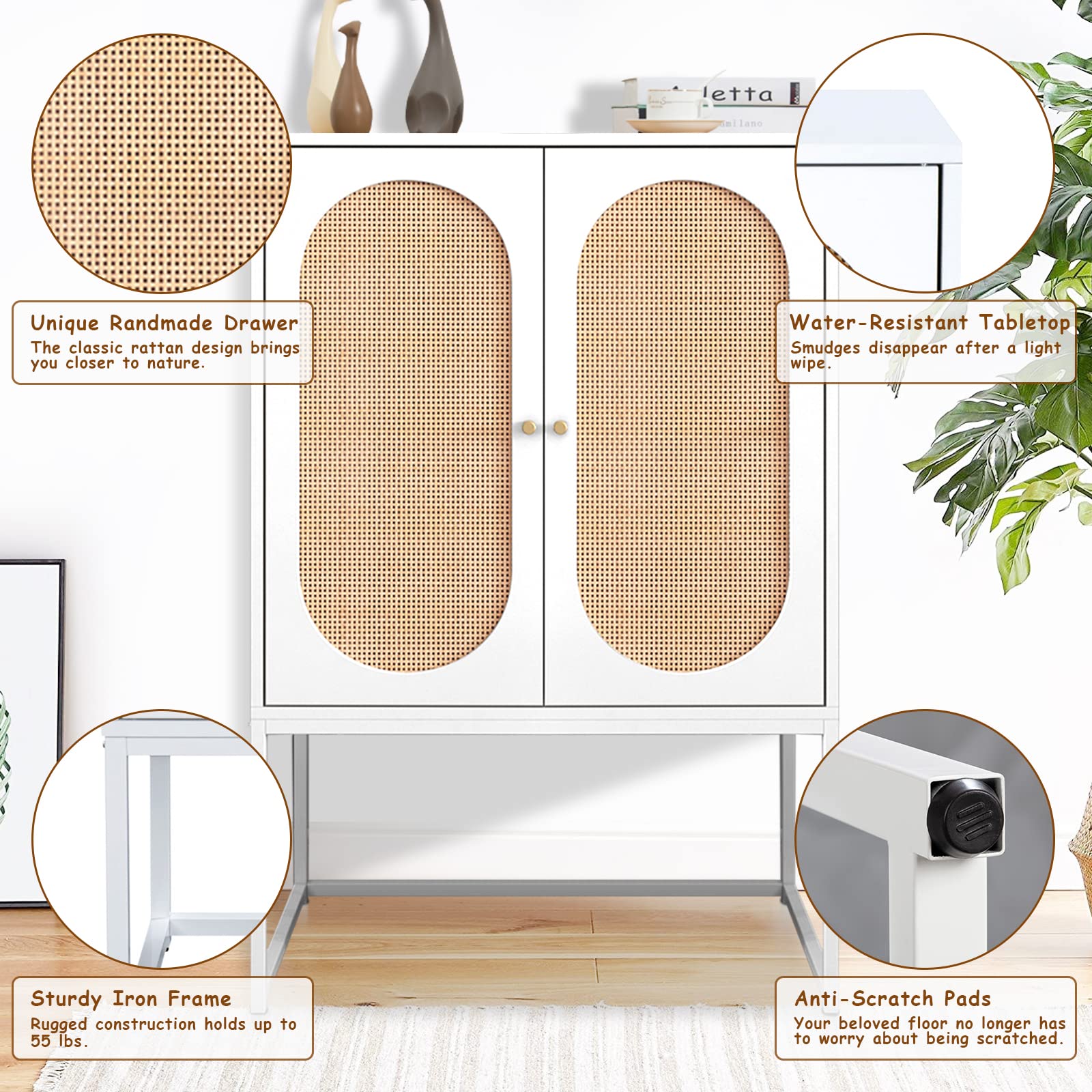 Recaceik Ratten Sideboard Buffet Cabinet/Console Table, Natural Accent Storage Cabinet with 2 Ratten Doors and Metal Legs, Rustic Wood Sideboard Furniture for Living Room, Bed Room, Kitchen, Hallway