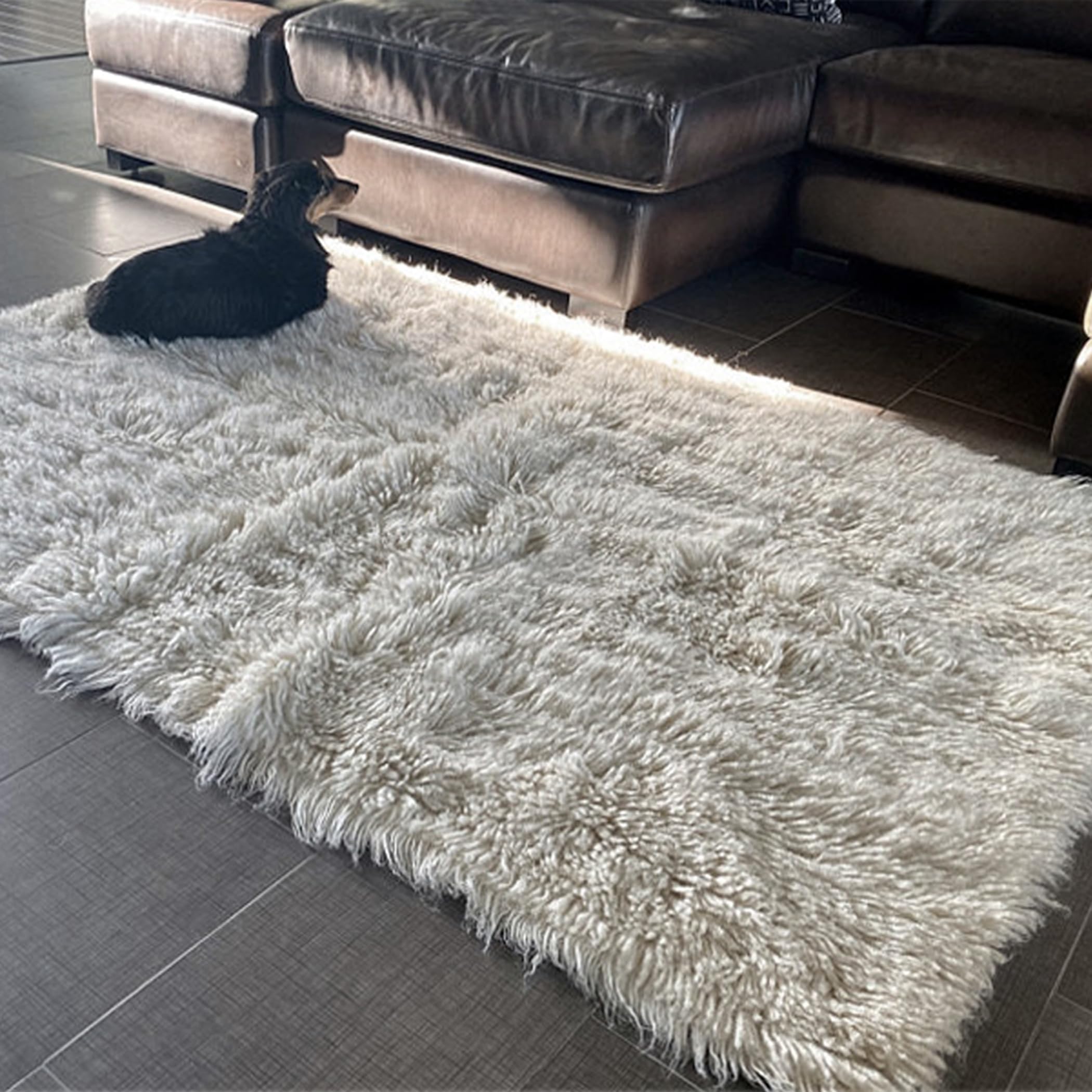 Stylish Low Profile flokati Rugs. All The Thickness with a Lower shag Pile. 100% Organic Wool. Natural Off-White Wool Area Rug. (3' x 5')