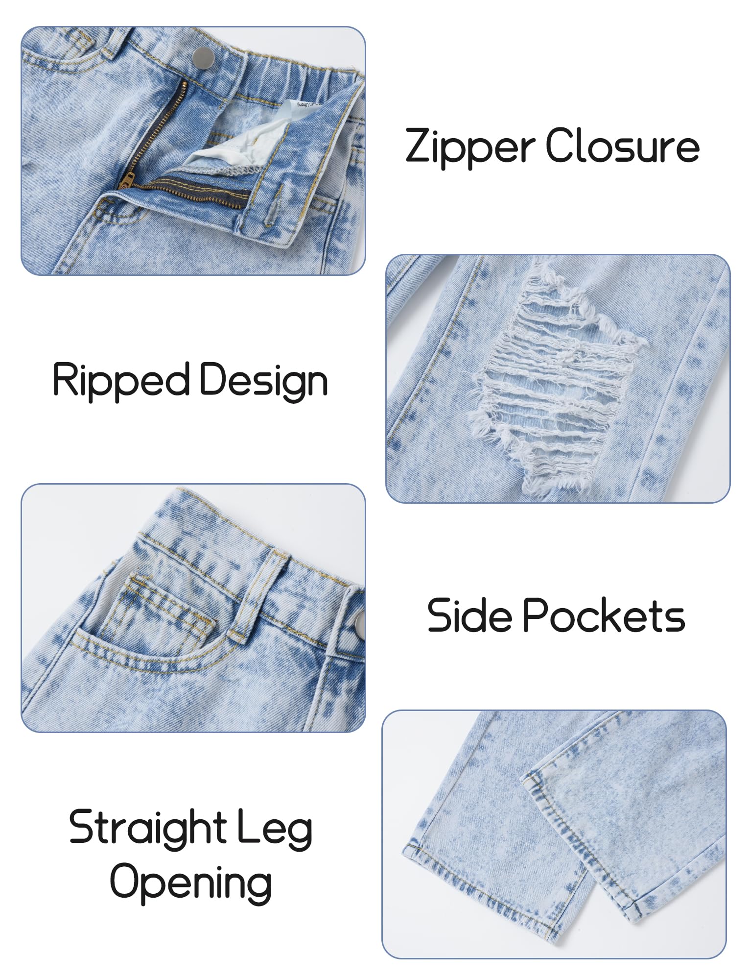 Maeau Jeans strappati a stelle/gamba larga per ragazze, pantaloni in denim, vestibilità larga, pantaloni per il tempo libero, con elastico in vita e tasche, 7-14 anni/altezza 130-160 cm