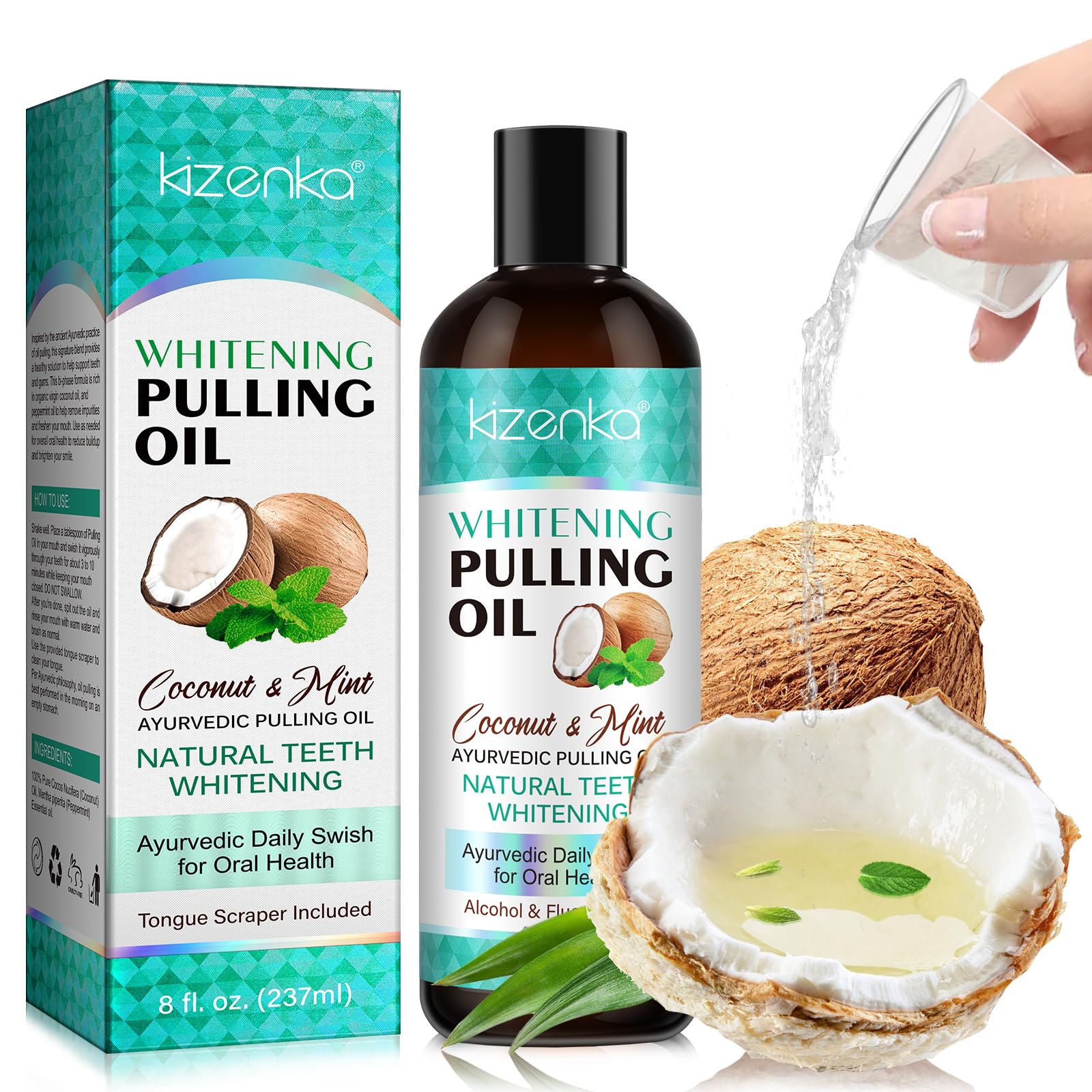 Kaxilu RSGRT Coconut Pulling Oil (230ml), Mint Oil Drawing Mouthwash with Tongue Scraper - Natural Alcohol-free Coconut Oil for Teeth to Help Fresh Breath, Teeth Whitening, Healthier Teeth, Gums