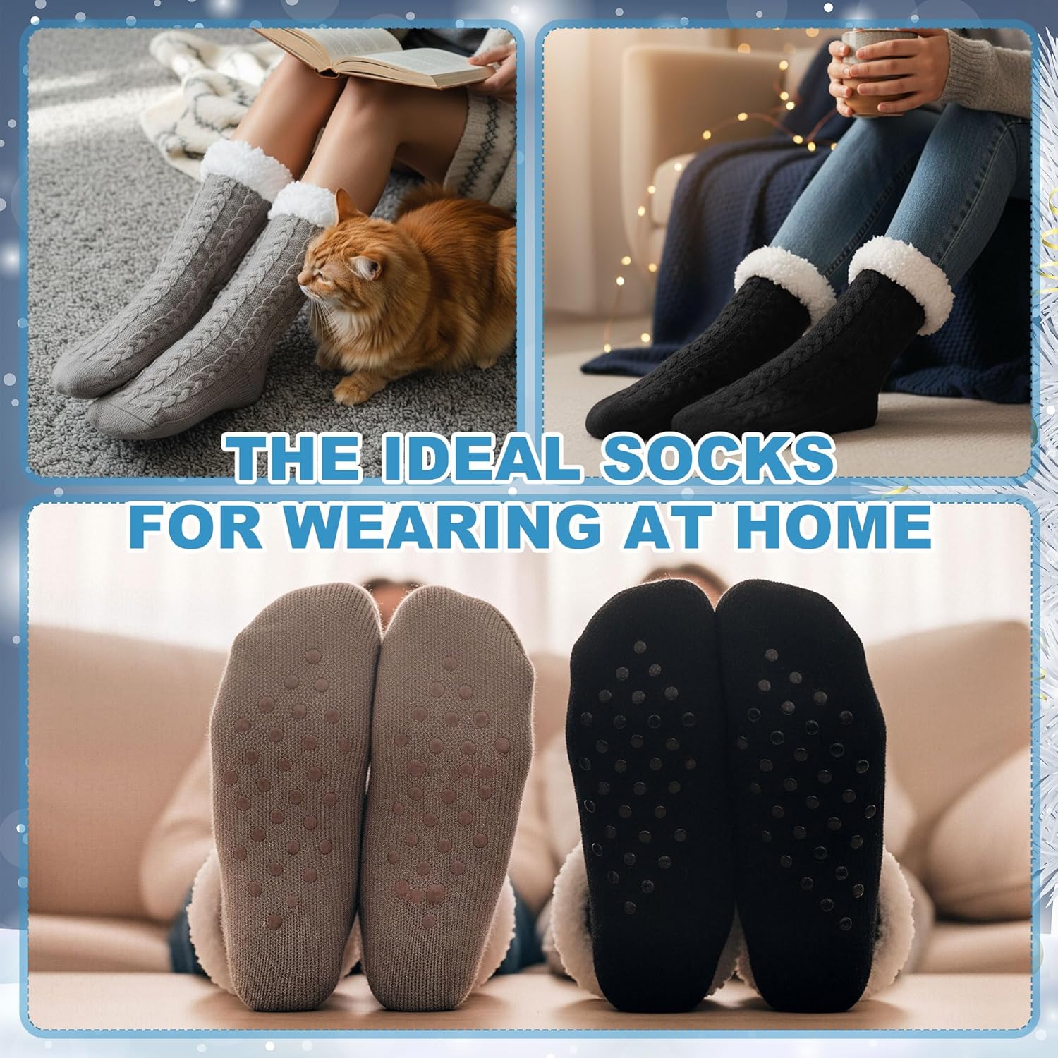 4 Pcs Men Fuzzy Slipper Socks Winter Grippers Non Slip House Indoor Socks for Women Christmas Gifts - Image 2