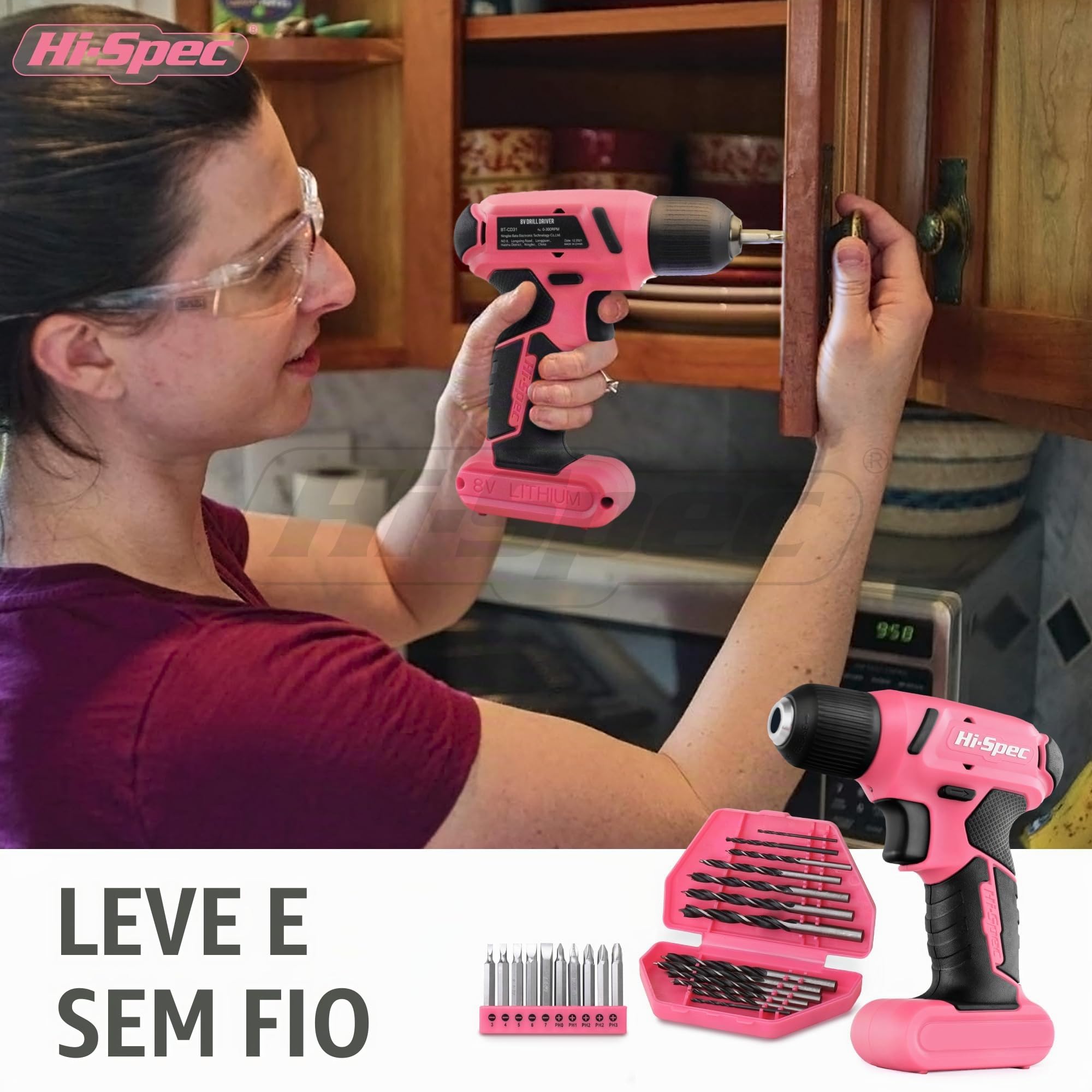 Hi-Spec 57 peças rosa 8 V USB furadeira elétrica e kit de