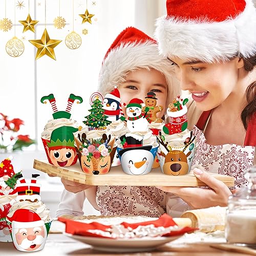 Miniatura 5 de 108 piezas de decoración de cupcakes de Navidad, muñeco de nieve, Papá Noel, reno, elfo, pingüino, pan de jengibre, árbol de Navidad, decoración de