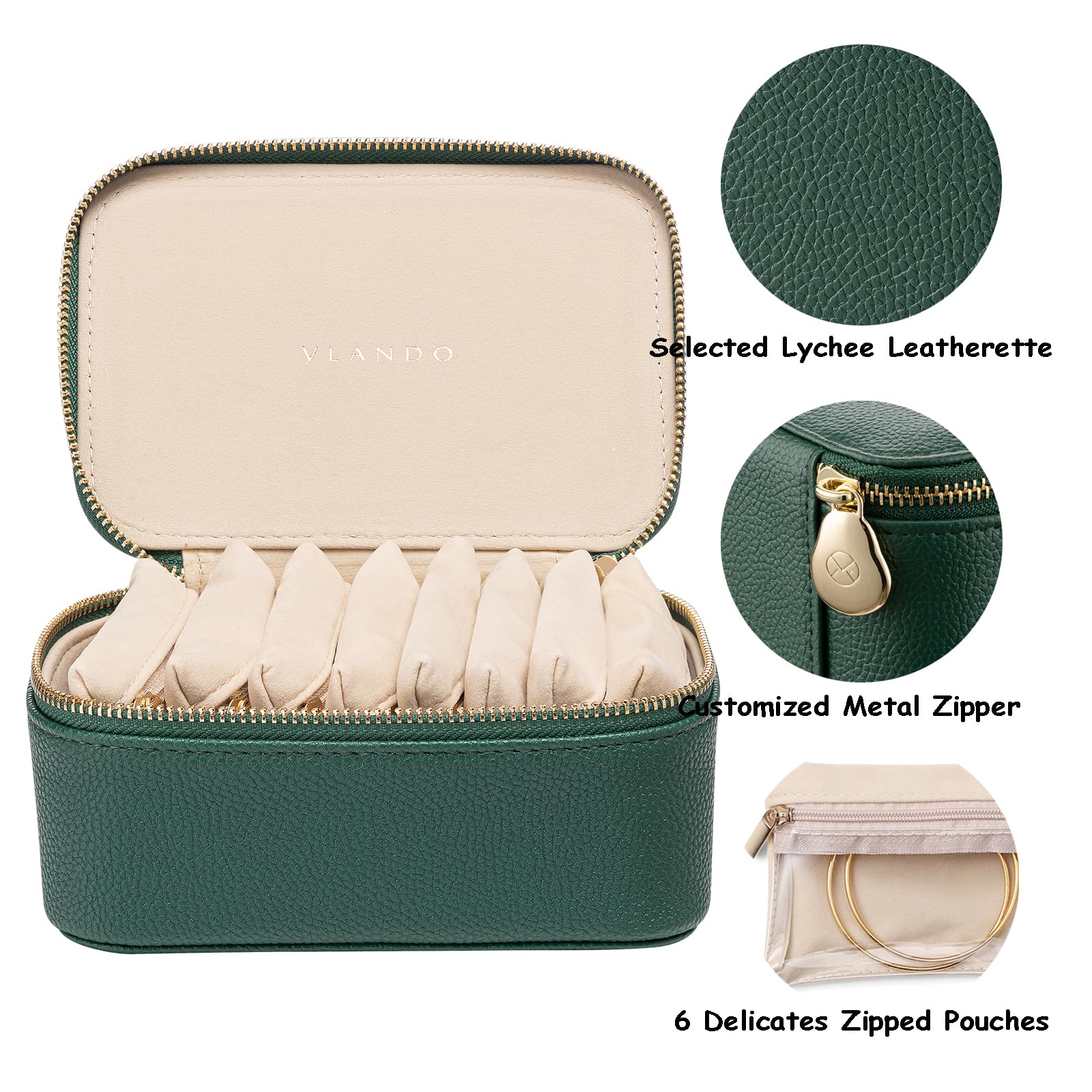 Vlando Joyero organizador de viaje, 8 pequeños bolsillos de terciopelo con cremallera para joyas, collares, anillos, aretes, clasificación, almacenamiento, color verde oscuro