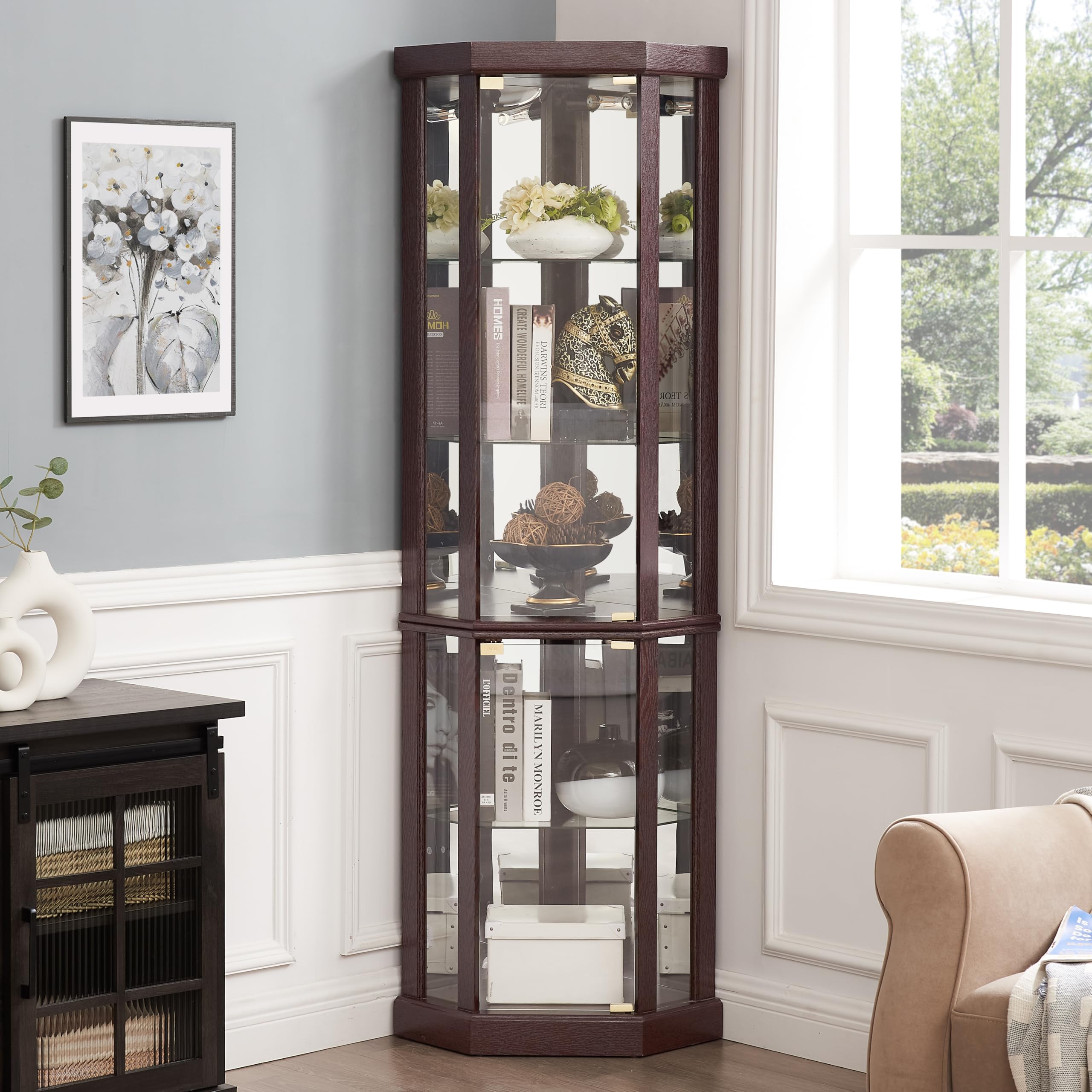 ダイニング　クリオキャビネット　アメリカ Corner Curio Cabinet Oak 70 in. H Lighted Glass Display