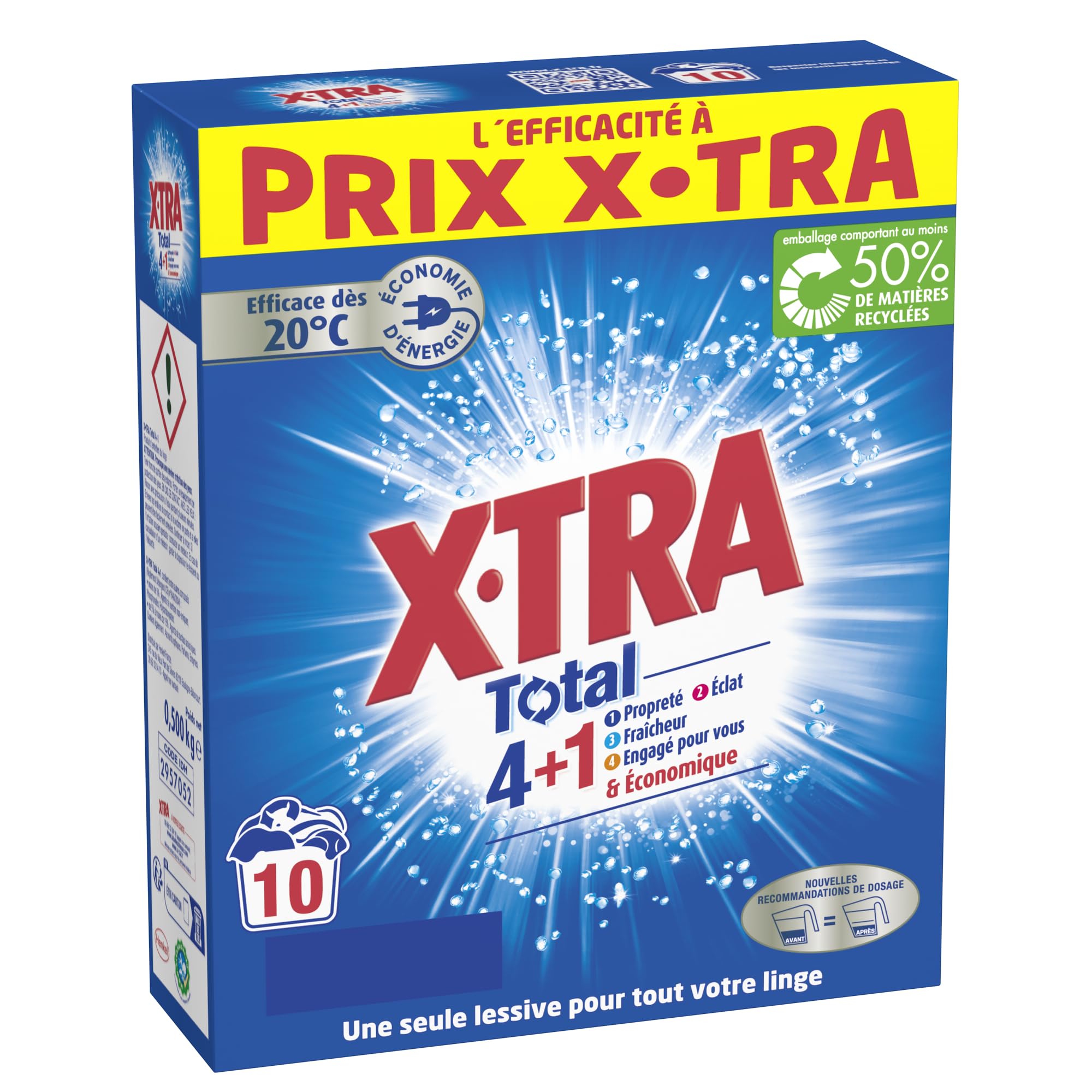X, Tra Total - Lessive Poudre - 4 plus 1 - Propreté - Eclat - Fraîcheur - Engagé pour vous - Economique - Une seule lessive pour tout votre linge - Efficace des 20°C - 10 mesures