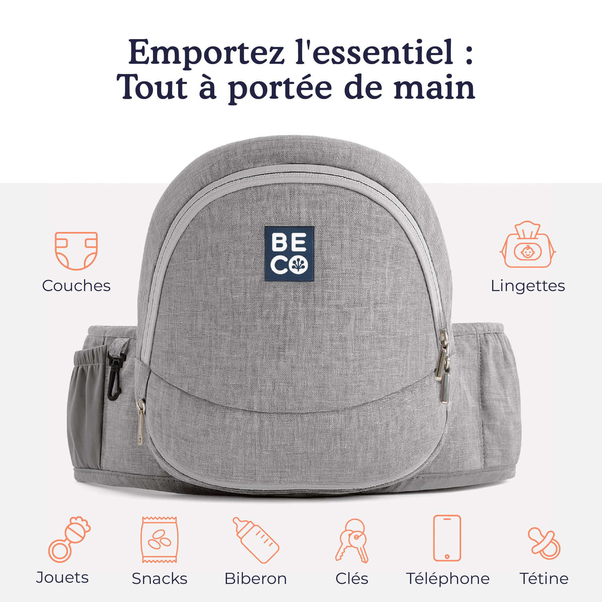 Beco Porte-Bébé Siège de Hanche Pliable, 4-en-1, 0-36 Mois, Gris | Se plie à plat dans le sac à langer, Siège de Soutien qui soulage bras et dos, s'adapte facilement de 0 à 36 mois.
