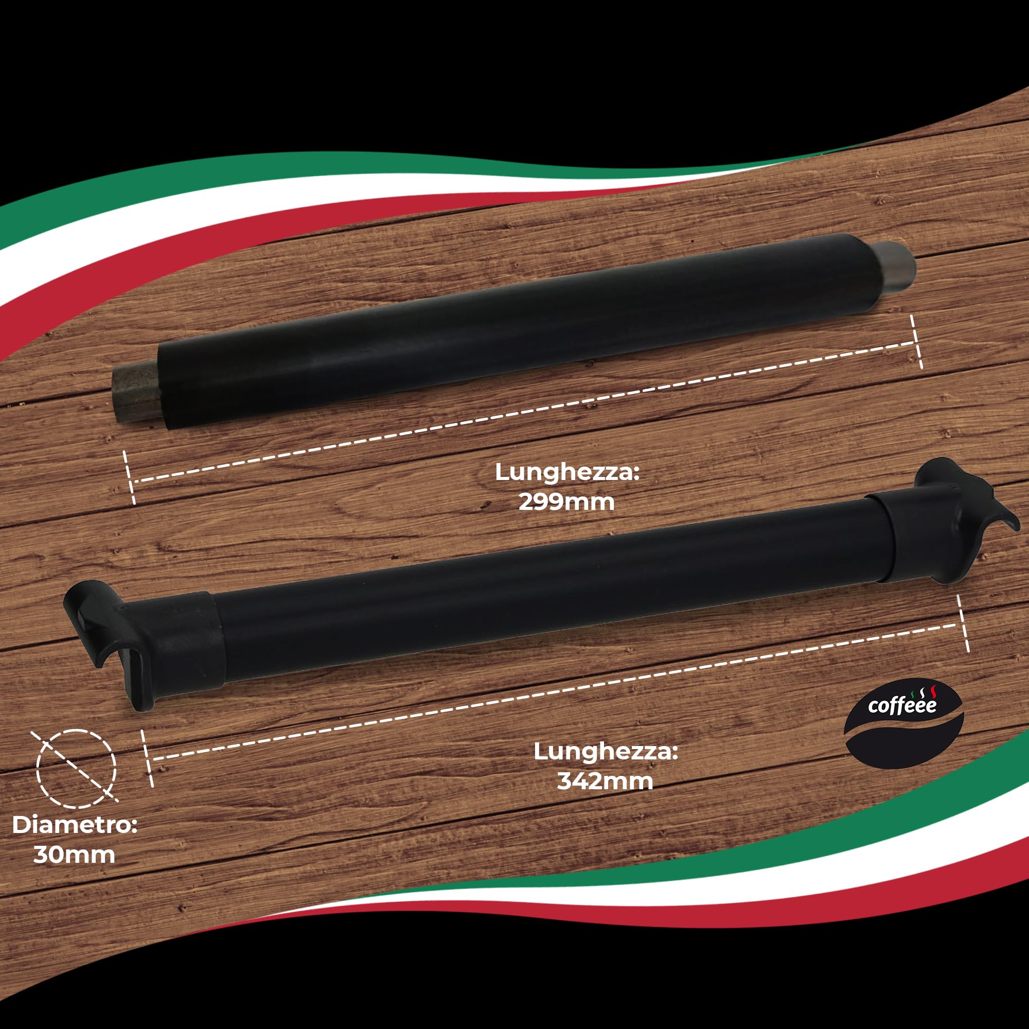 COFFEEE Bastone Battifiltro Caffe - Bastone per Cassetti del Caffè Compatibile con la Maggior Parte di Cassetti e Tramogge - Diam. 30 mm, Lungo 342 mm - Ganci di Supporto - Prodotto in Italia