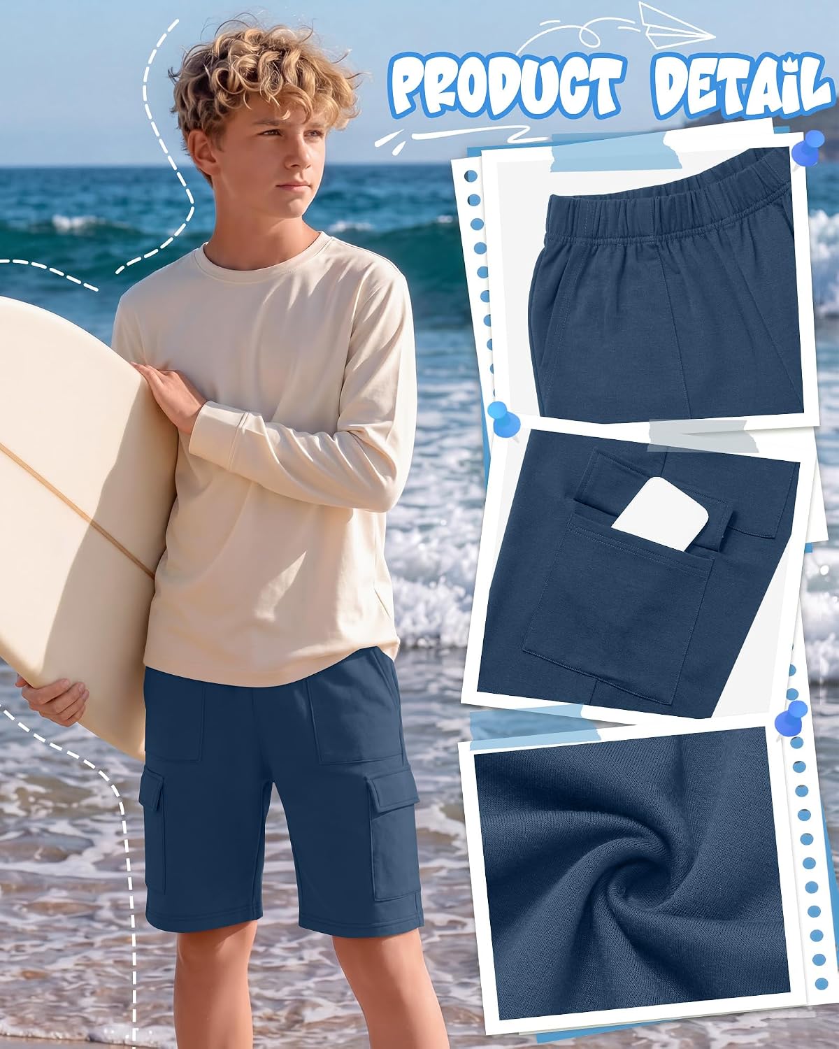 Yooo's Vivi 5 Pack Boys Cargo Shorts for School | Back to School Shorts, School Uniform Pants, for Kids Teen 6-16Y, Athletic Sweat Shorts with Pockets, Pull on, Summer Bermuda