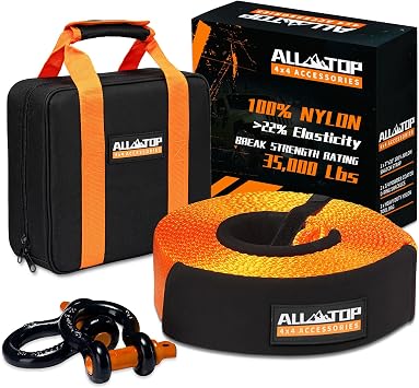 ALL-TOP Heavy Duty Tow Strap Recovery Strap Kit 3 inch x 30 ft 35,000 lbs 100% Nylon and 22% Elongation Snatch Strap + 3/4 D Ring Shackles 2pcs + Storage Bag