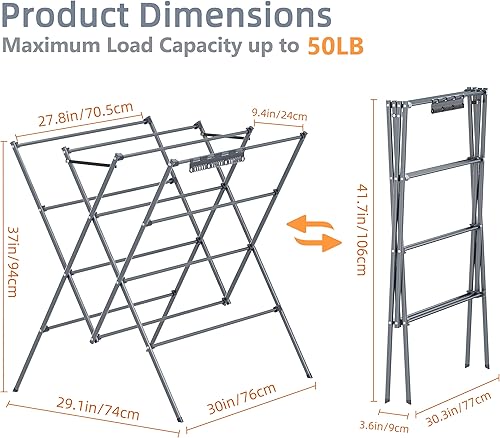Miniatura 3 de HOMIDEC Tendedero de secado de ropa, 12 postes de secado grandes con clips para calcetines, estante de secado de ropa, plegable, portátil, para