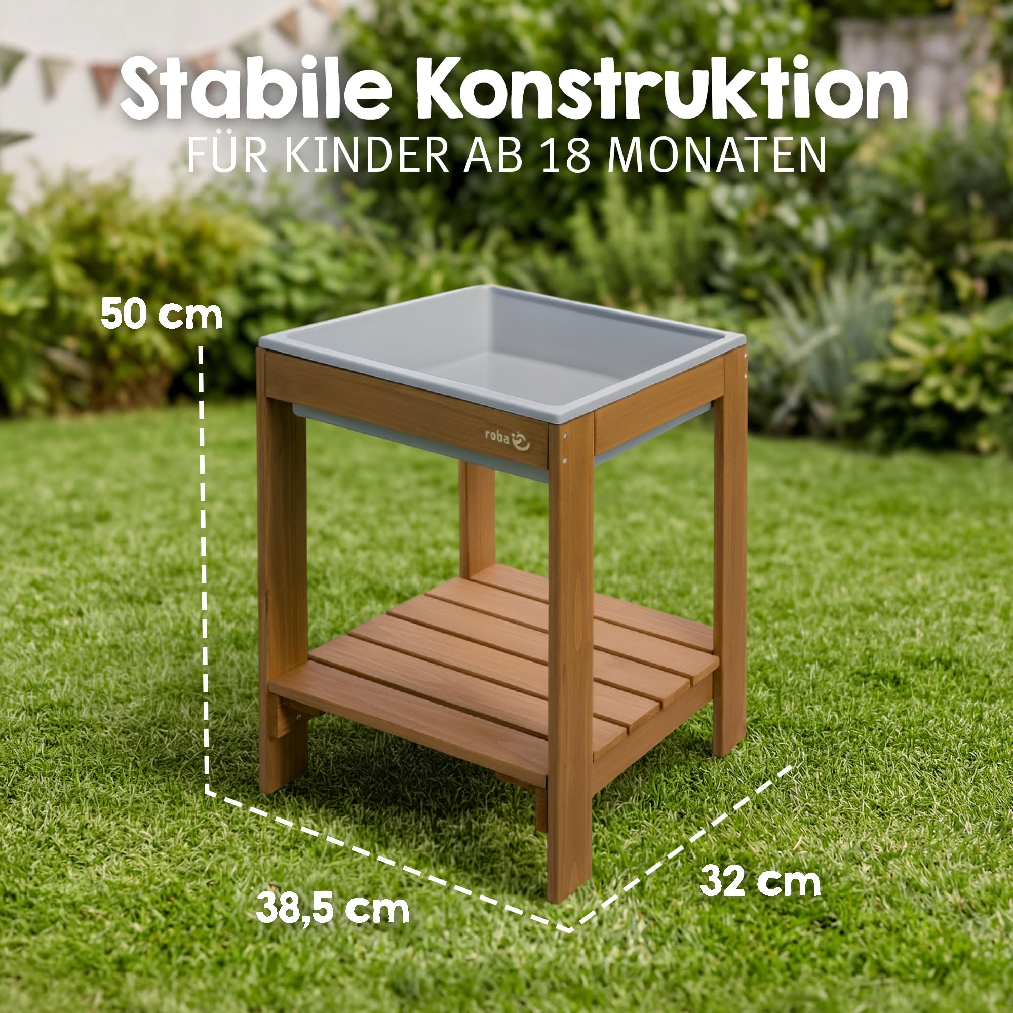 roba table de jeu d’extérieur « Tiny » avec bac de jeu – table à sable et à boue résistante aux intempéries en bois massif – mobilier de jardin pour enfants – à partir de 18 mois – couleur teck