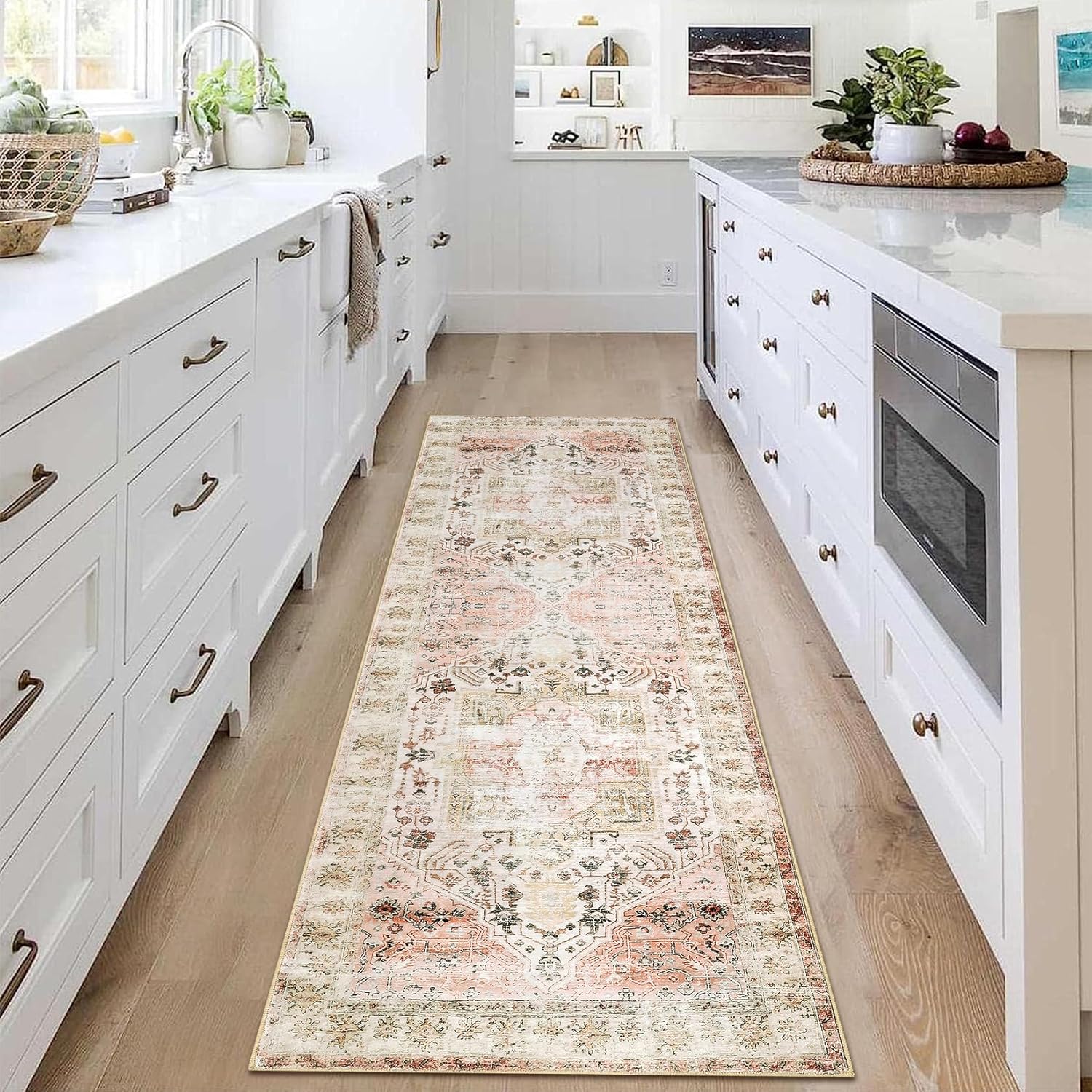 COZYLOOM 2x6 Runner Rug Washable Kitchen Rugs Non Slip Non Shedding Vintage Medallion Rug Stain Resistant Low Pile Distressed Floral Carpet Foldable Bordered Thin Mats for Bathroom, Hallway, Pink