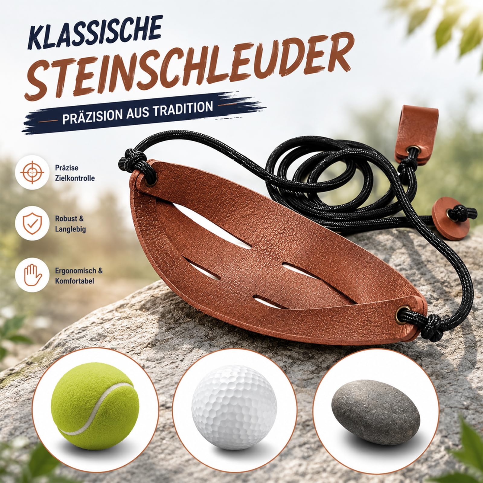 Steinschleuder Profi Schleuder, Präzise Wurftechnik für Golfball Training und Hundesport, Verstellbare Länge mit Robustem Design für Outdoor Aktivitäten
