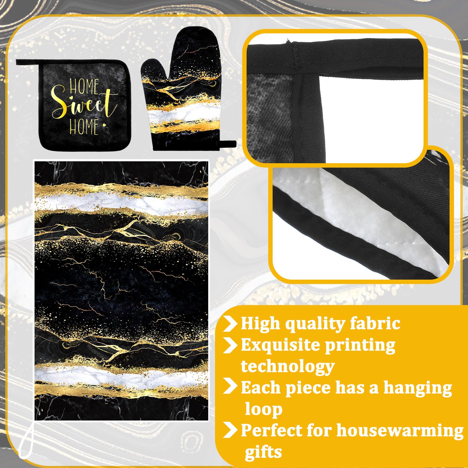 Juego de 8 paños de cocina de mármol negro para decoración de cocina y guantes de horno, soportes para ollas y paños de cocina, accesorios de cocina de granja, juego decorativo para chef 5