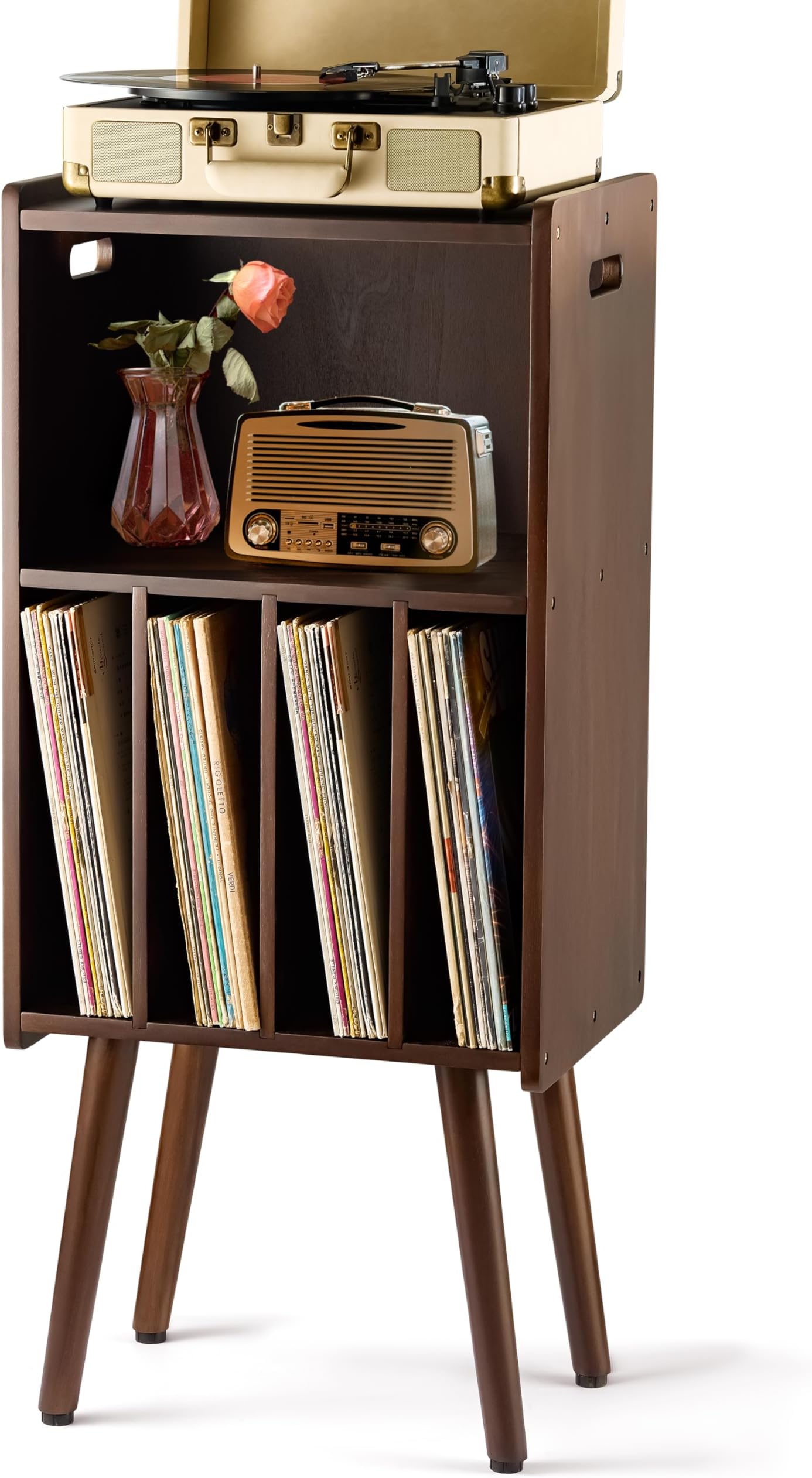 Wooden LP Record Player Stand, 3-Tier Turntable Stand Cabinet Holds up to 100 Albums, Record Storage Holder and Organizer Table, Mid-Century Modern Record Player Holder (Rich Walnut, 3-Tier)