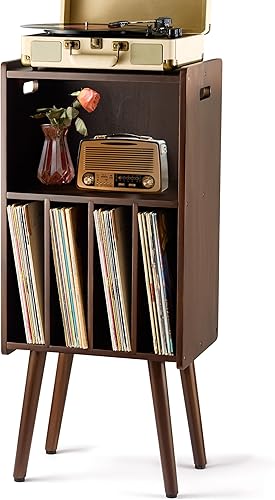 Miniatura 10 de Soporte de madera para tocadiscos, mesa de almacenamiento de discos de vinilo con 4 gabinetes, capacidad para hasta 100 LPs, soporte organizador de