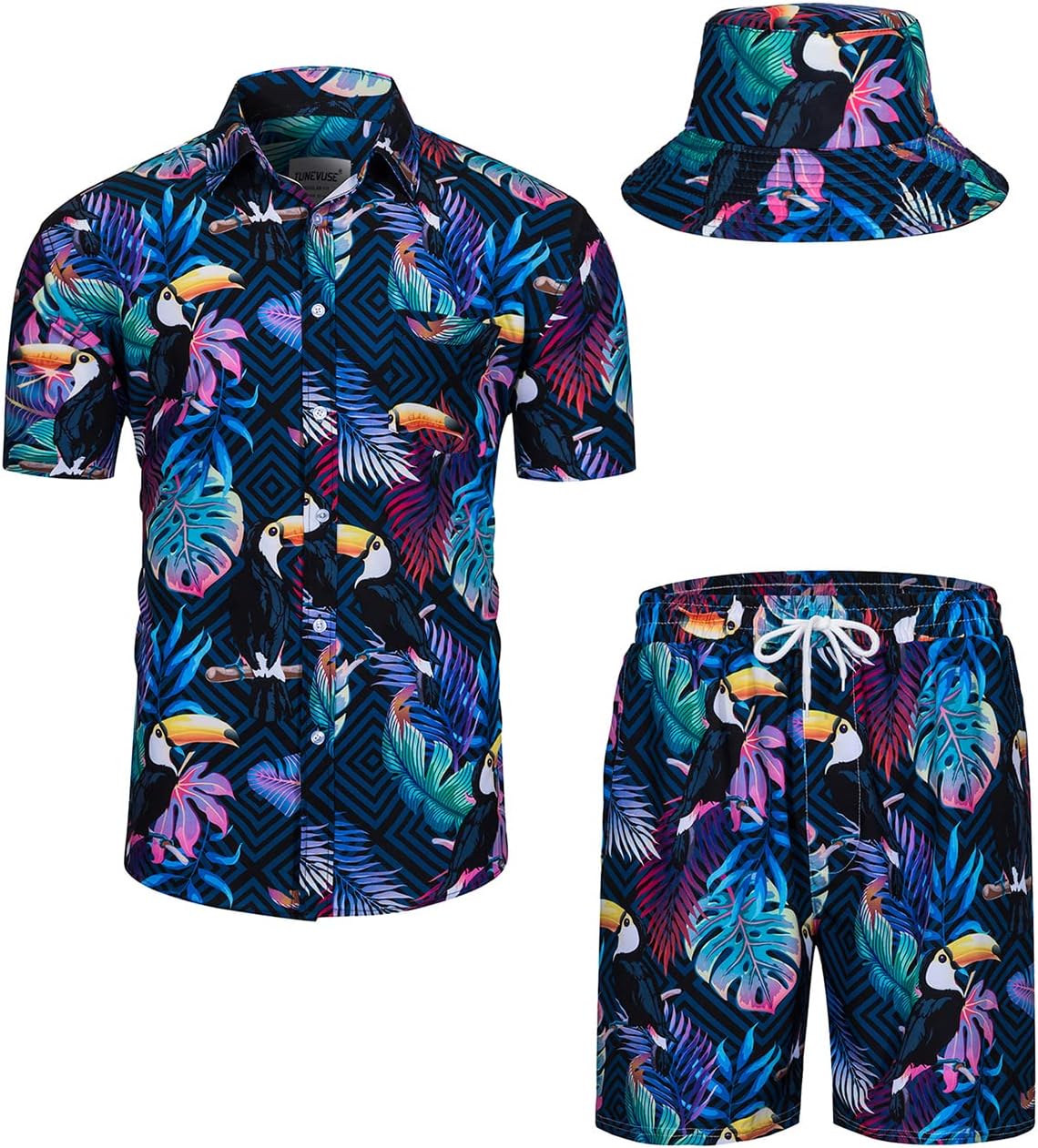 TUNEVUSEMens Hawaiian Shirts and Shorts Set 2 Pieces Tracksuit Outfit Flower Print Button Down Suit with Bucket Hats