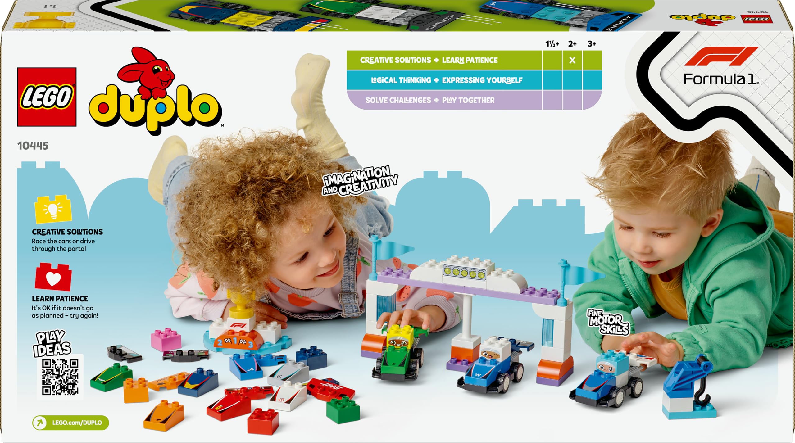 LEGO Duplo Mi Ciudad Coches de Carreras y Pilotos del Equipo de F1 - Juguete para Motricidad Fina para Niños y Niñas de 2+ Años - 10 Coches de Juguete con Semáforo y Trofeo - Idea de Regalo 10445