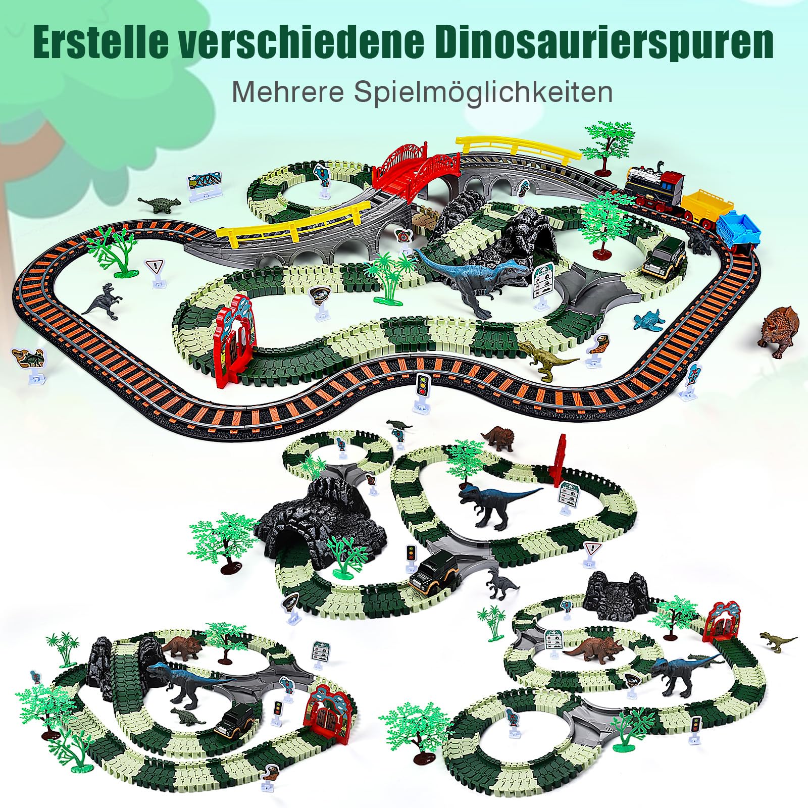 JONRRYIN Eisenbahn Elektrisch, 259 Stück Dinosaurier Elektrische Zug, Eisenbahnschiene Spielzeug mit Zug und Autobahnautos, Autorennbahn Dino Eisenbahn Set für Kinder Ab 2-7 Jahren