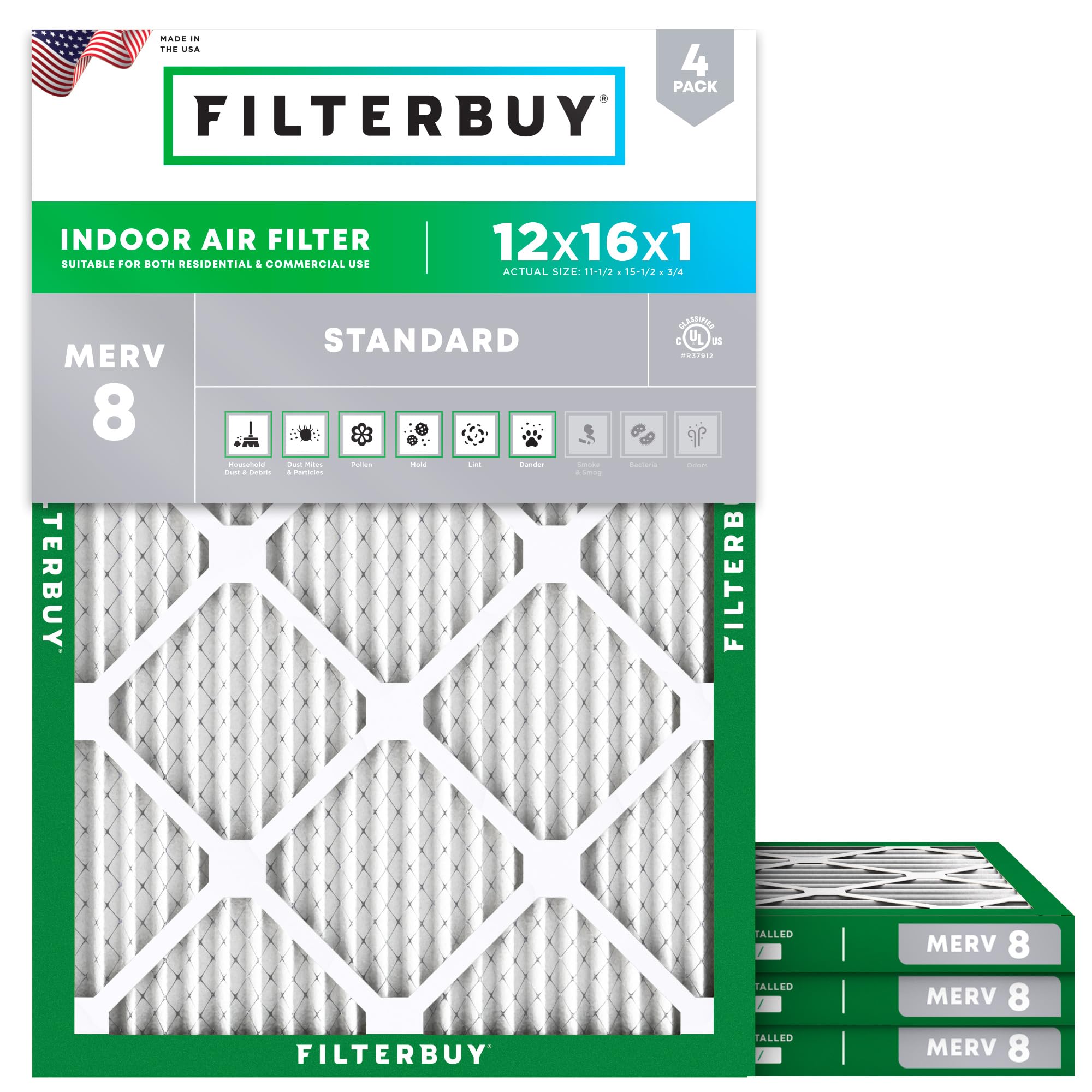 Filterbuy 12x16x1 Air Filter MERV 8 Essential Dust & Allergy Defense (4-Pack), Electrostatic Pleated HVAC AC Furnace Filters Replacement, Made In USA (Actual Size: 11.50 X 15.50 X 0.75 - View #3