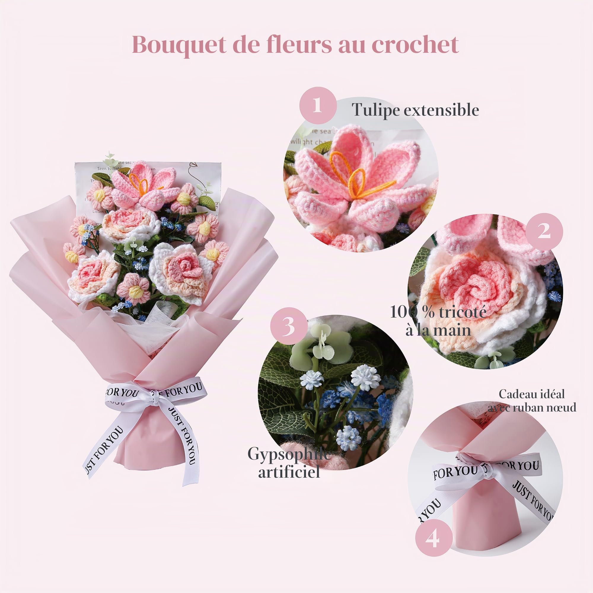 EZsenses Bouquet de fleurs au crochet – Roses tricotées à la main pour décoration d'intérieur, avec sac cadeau et carte de vœux