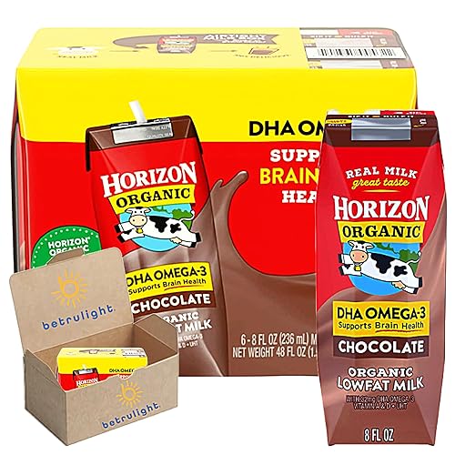 BETRULIGHT - Caja de leche de chocolate orgánico baja en grasa con DHA omega 3, Horizon Organic Shelf Stable 1% cajas de leche bajas en grasa,