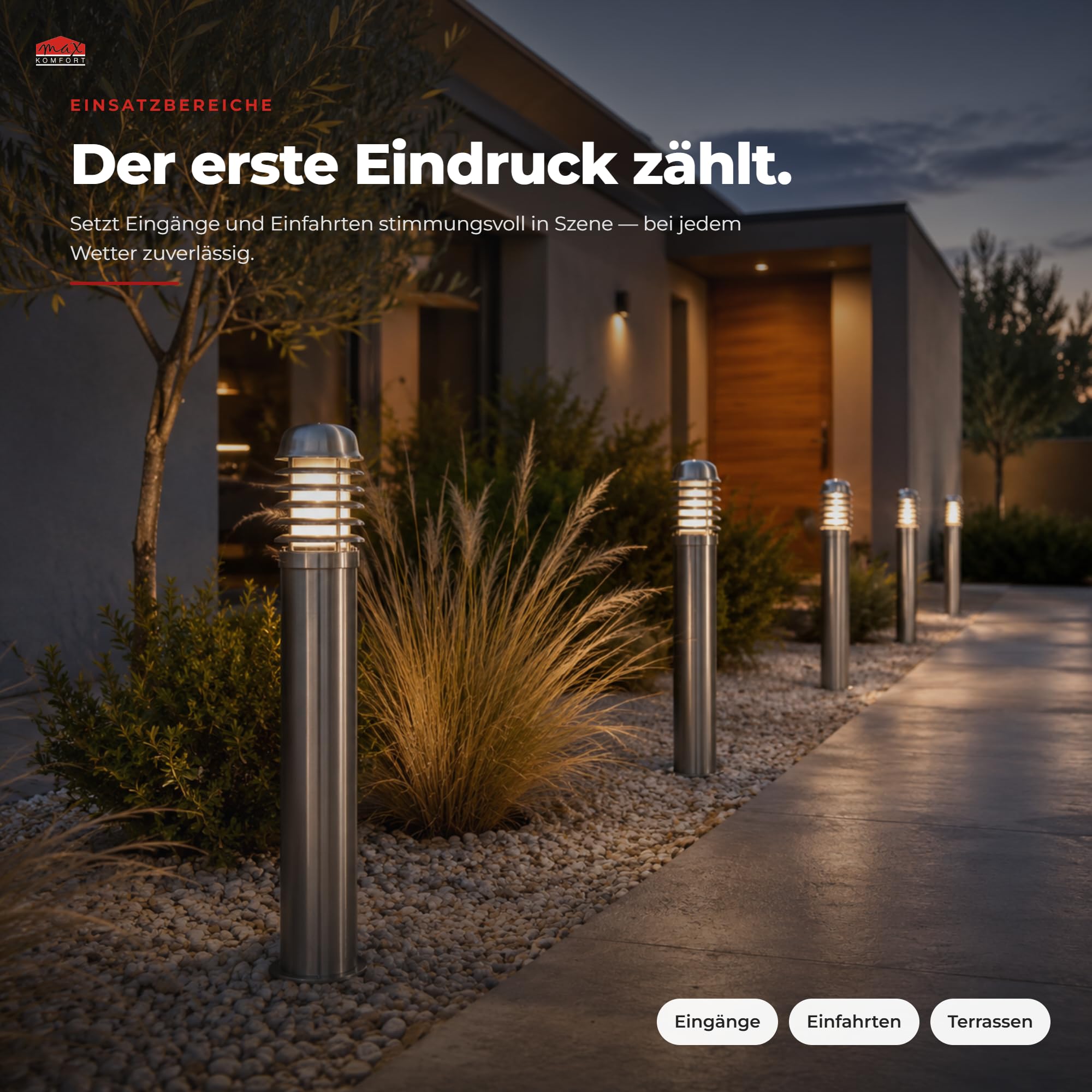 Maxkomfort Außenstandleuchte GERDA – 100cm Edelstahl E27 Outdoor Wegeleuchte – IP44 Wetterfest, Standleuchte für Garten & Einfahrt, exkl. Leuchtmittel