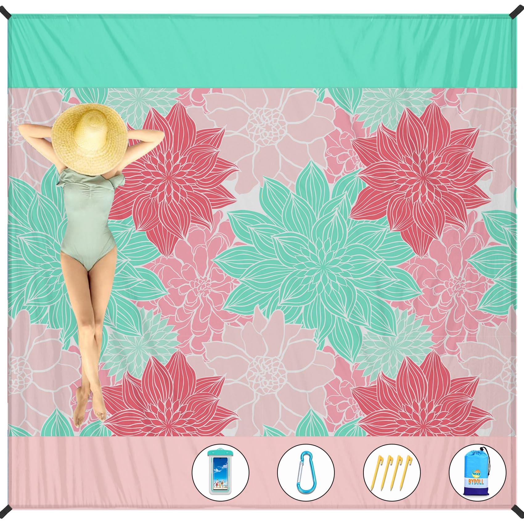 BYDOLL Beach Blanket 78''×81'' 1-5 Adults Oversized Lightweight Waterproof Sandproof Beach Blanket Large Picnic Mat Beach Blanket for Beach Travel Camping Hiking Picnic