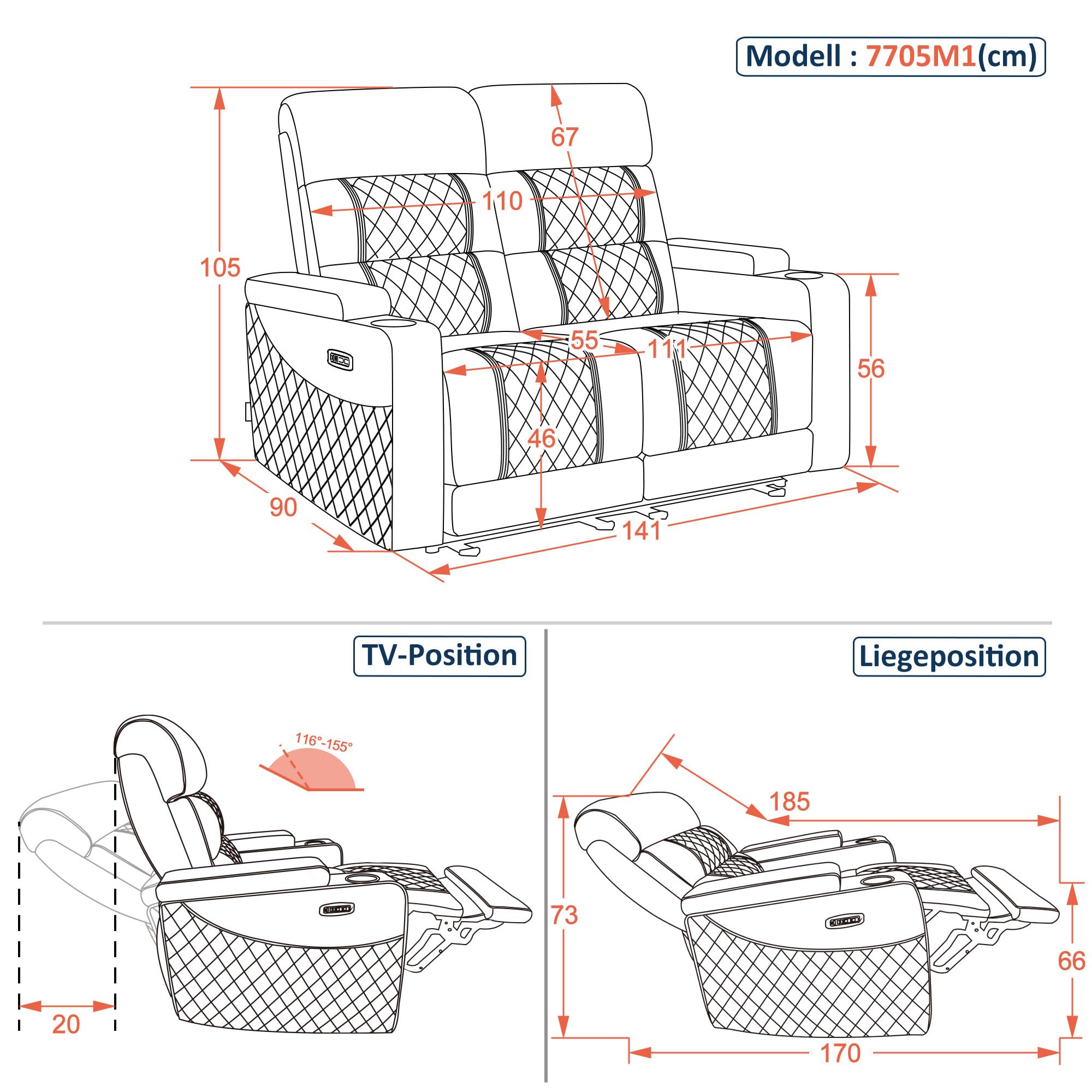 M MCombo Fauteuil cinéma 2 Places, réglable électriquement, Zero-Gravity, Appui-tête réglable, canapé 2 Places avec Fonction lit, Coussin d'assise en Mousse Pleine 35D 7705