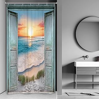 Riyidecor Small Stall Ocean Beach Teal Barn Door Shower Curtain for Bathroom Decor 36Wx72H Hawaiian Sunset Scenery Sea Wave Rustic Wooden Art Printed Fabric Polyester Waterproof 7 Pack Plastic Hooks